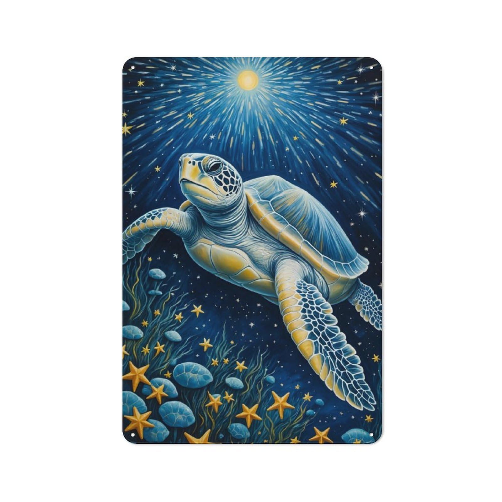 Junmoney Sea Turtle In Starry Night Industrial Decorative Metal Plaque 30X20cm, Studio Wall Art For Flat, Bar, Studio Or Gallery Wall