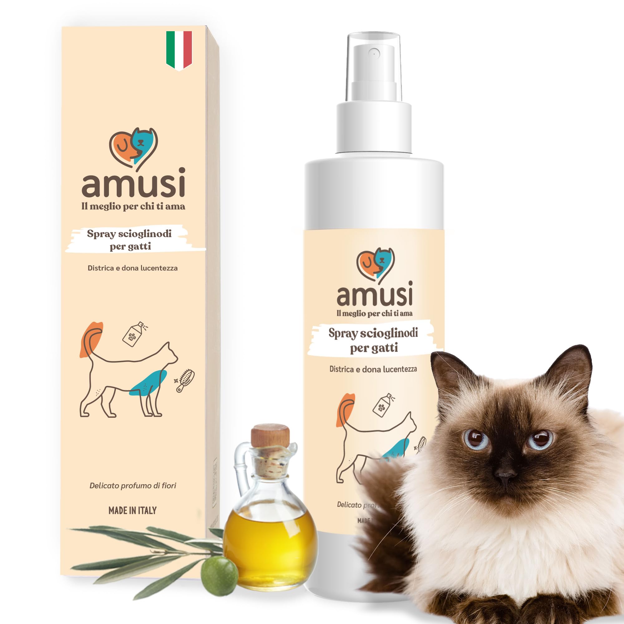 amusi Spray Snoda Pelo per gatti 250 ml 100% Naturale e Vegano - Sciogli Nodi e Districante Gatti - Rende il Pelo morbido e lucente - Non necessita di Risciacquo e Profuma. Per Tutti i Tipi di Pelo