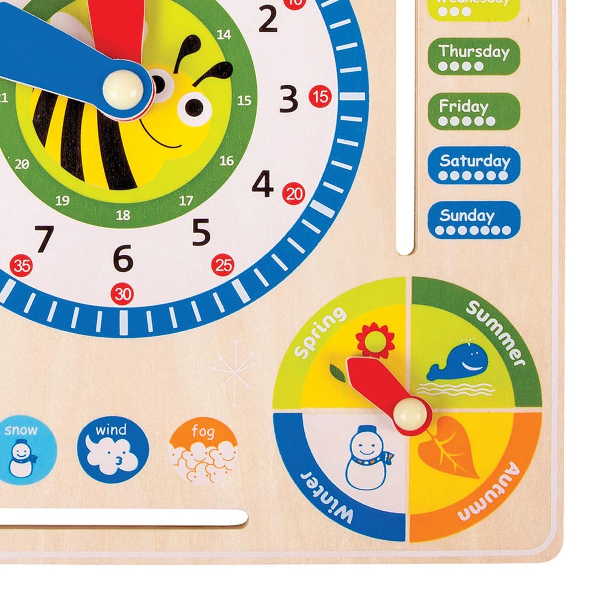 small foot 4768 tablica do nauki "data, zegar i pory roku" w języku angielskim, wykonana z drewna, z rękami i pudełkami, od 3 lat