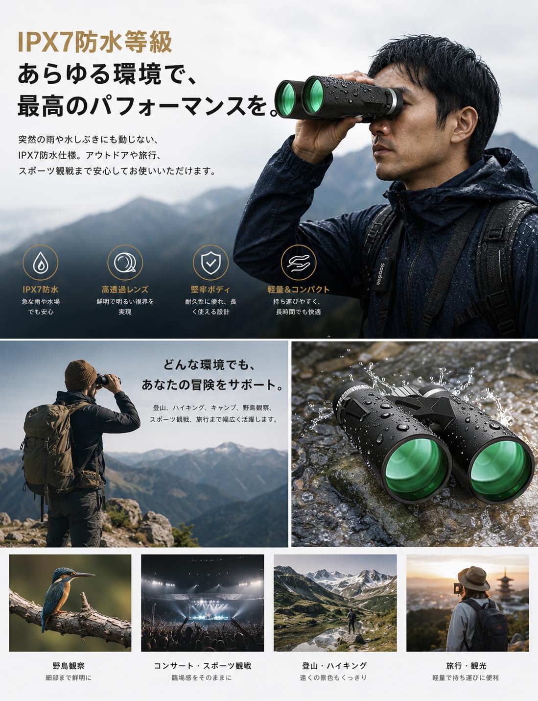 15X52 双眼鏡 高倍率 15倍52mm大口径明るい視界 BAK4プリズム FMC 全面多層コーティング 高透過率 防水防塵・コンサート・ライブ・花火大会・スポーツ観戦 ・競馬・野鳥観察・旅行・収納ケース・日本語説明書付き