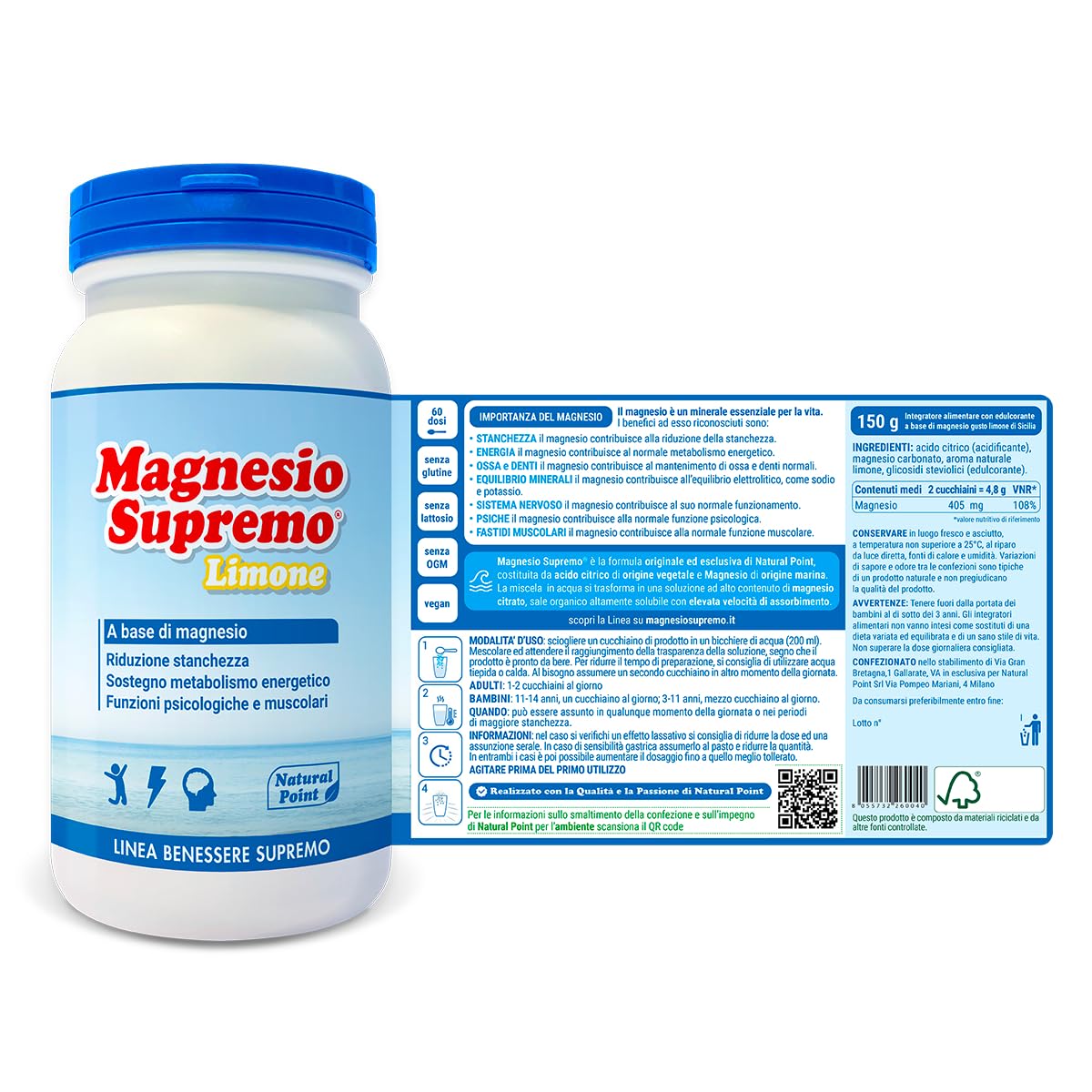 Natural Point Magnesio Supremo - Integratore Magnesio Solubile in Polvere - Contro Stanchezza e Affaticamento - Vegan, Senza Glutine (Conf 150g Limone)