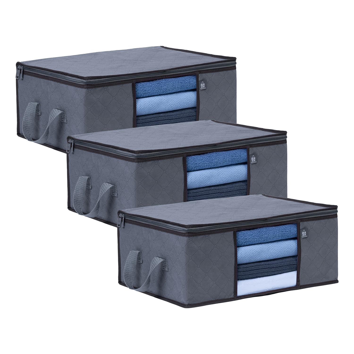 VENO 3 Pack Medium Clothes Storage Bag Organizer w/Handles and Zip for Moving house, 36L Blankets Bedding Towels Bedroom Containers, Clear Window Panel, Foldable, Reusable (36 Liters)