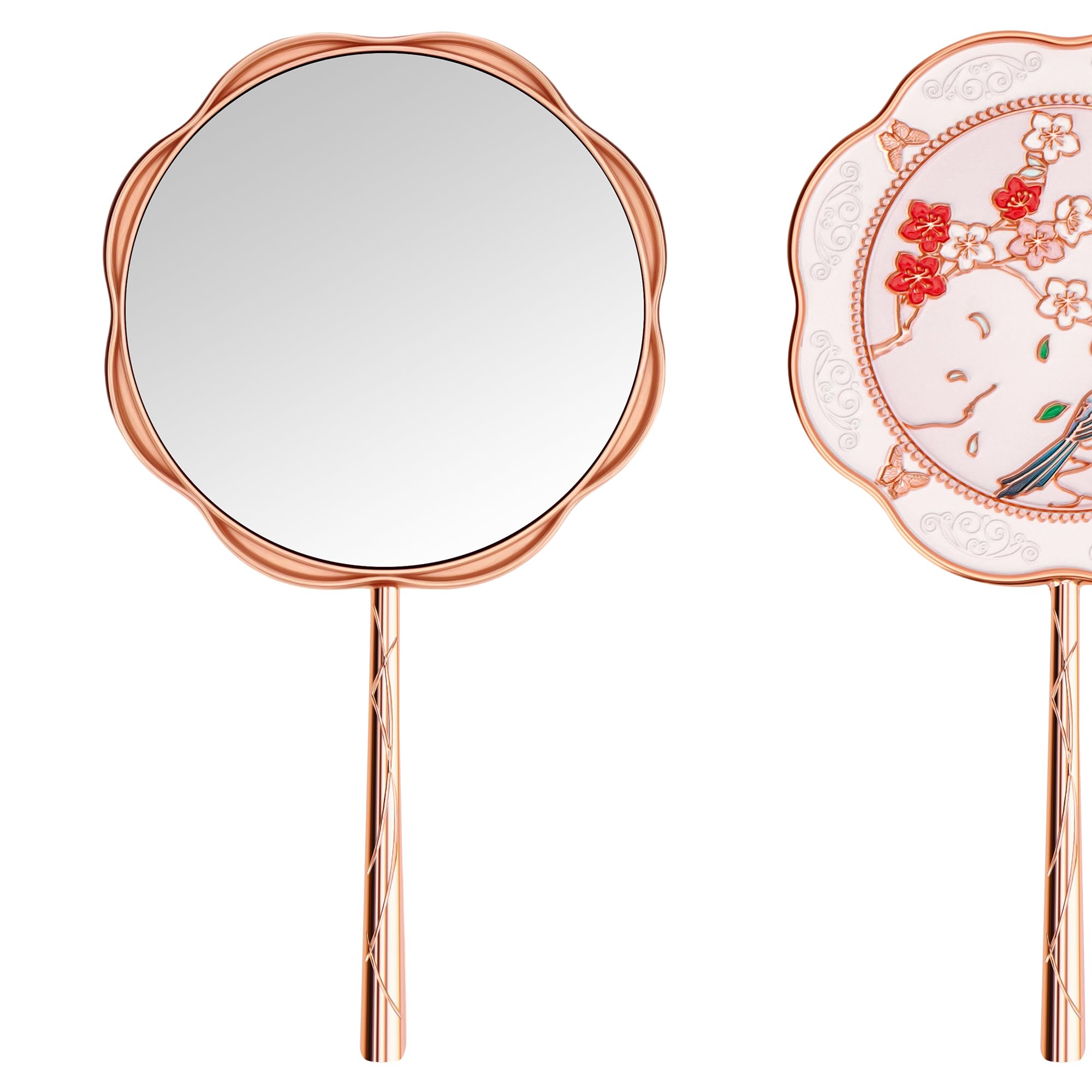 Mini Chinese Style Mirror, Floral Bird Hand Mirror, Vintage Aesthetic Metal Mirrors with Long Handle, for Women (Rose Gold)-image-8