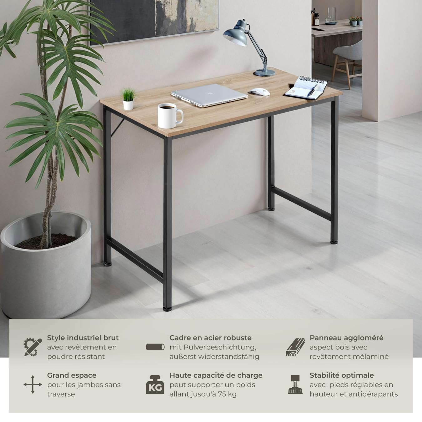 tectake® Table de Bureau Design Industriel en Bois MDF & Acier Bureau Ergonomique 100x50x75,5cm Bureaux Informatique Bureaux Ordinateur Teletravail - Bois Clair Industriel Chêne Sonoma