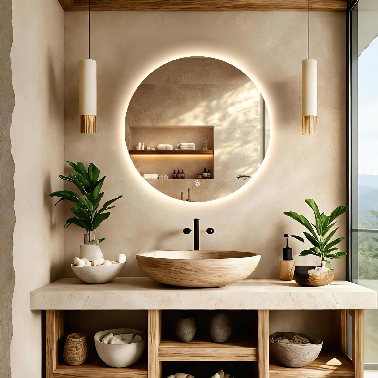round led mirror for bathroom, 24" circle frameless backlit mirror with lights, wall mounted vanity mirror, 3 colors, dimmable, anti-fog, ip65 waterproof, memory function, ul listed