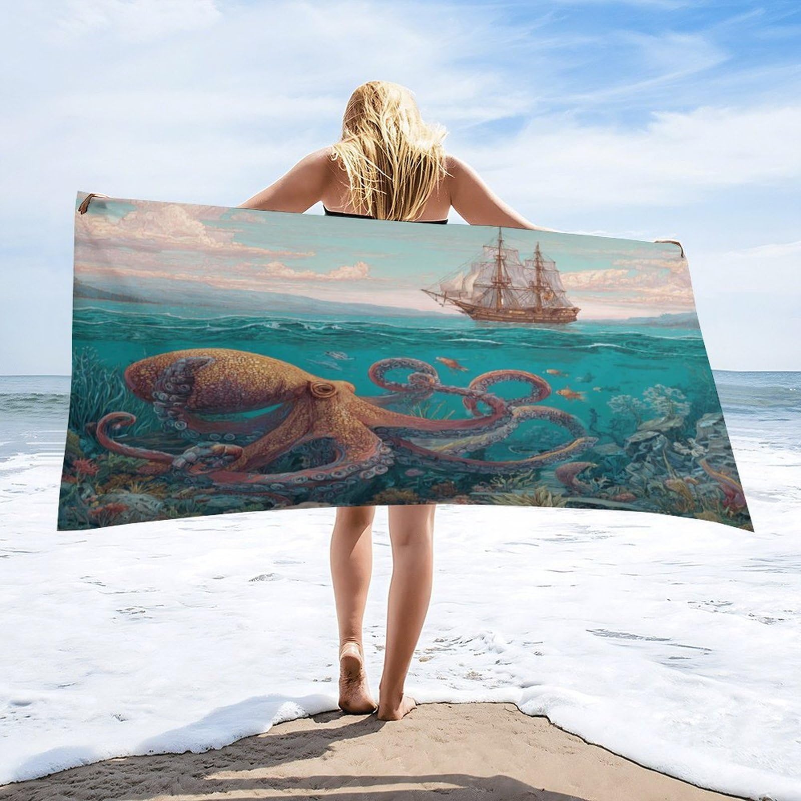Luyysky Modern Funny Sea Octopus Quick-Drying Beach Towel, Mid Century Retro Underwater Animal Octopus Fish Pirate Ship Travel Vacation Single Sided Pile Bathroom Towels-80 W Cm X 160" L Cm