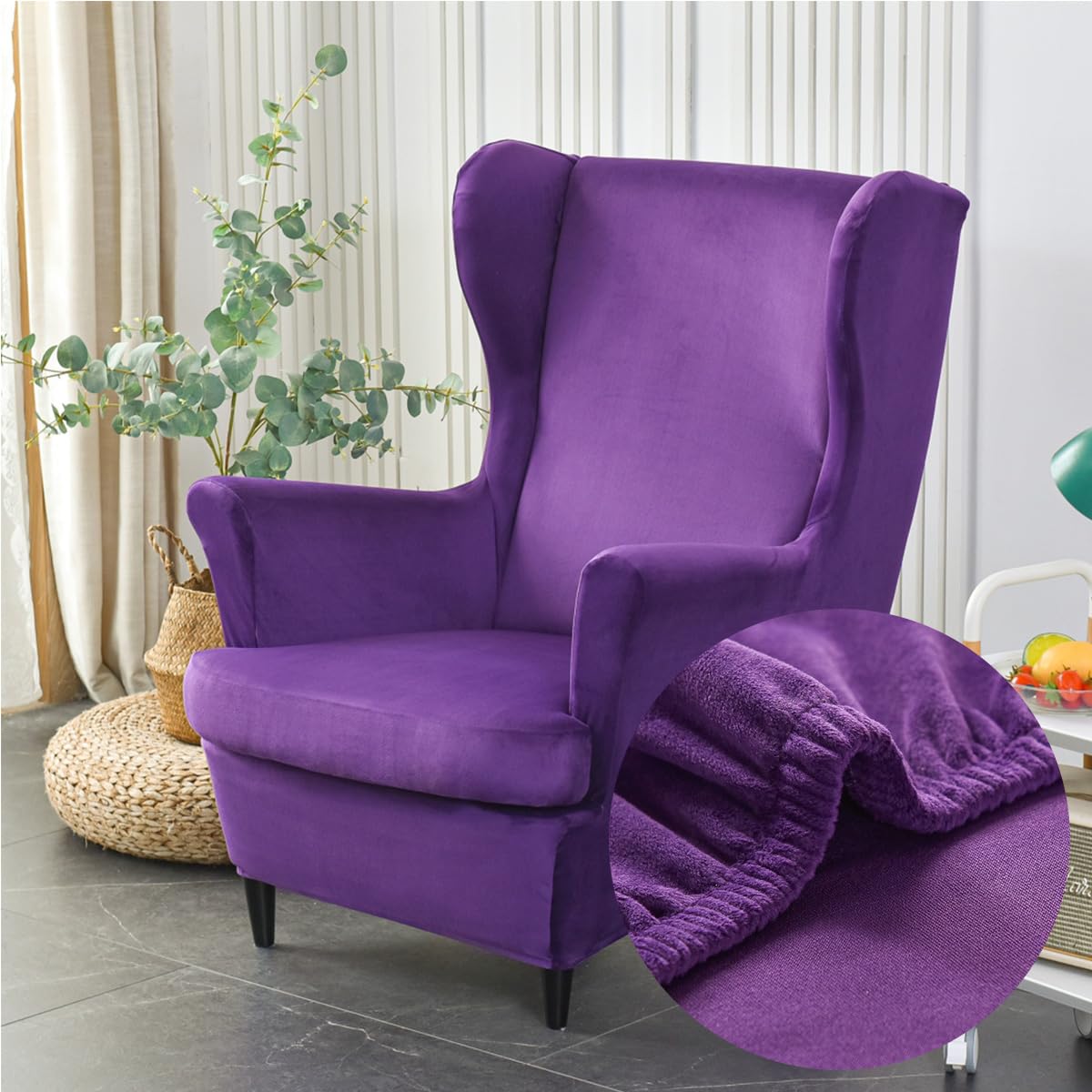 Highdi Wingback Chair Covers 2 Piece Stretch Wing Chair Slipcover, Fashion Solid color Velvet Strandmon Sofa Cover Furniture Protector for Armchair Chairs Living Room Bedroom Hotel (Purple)