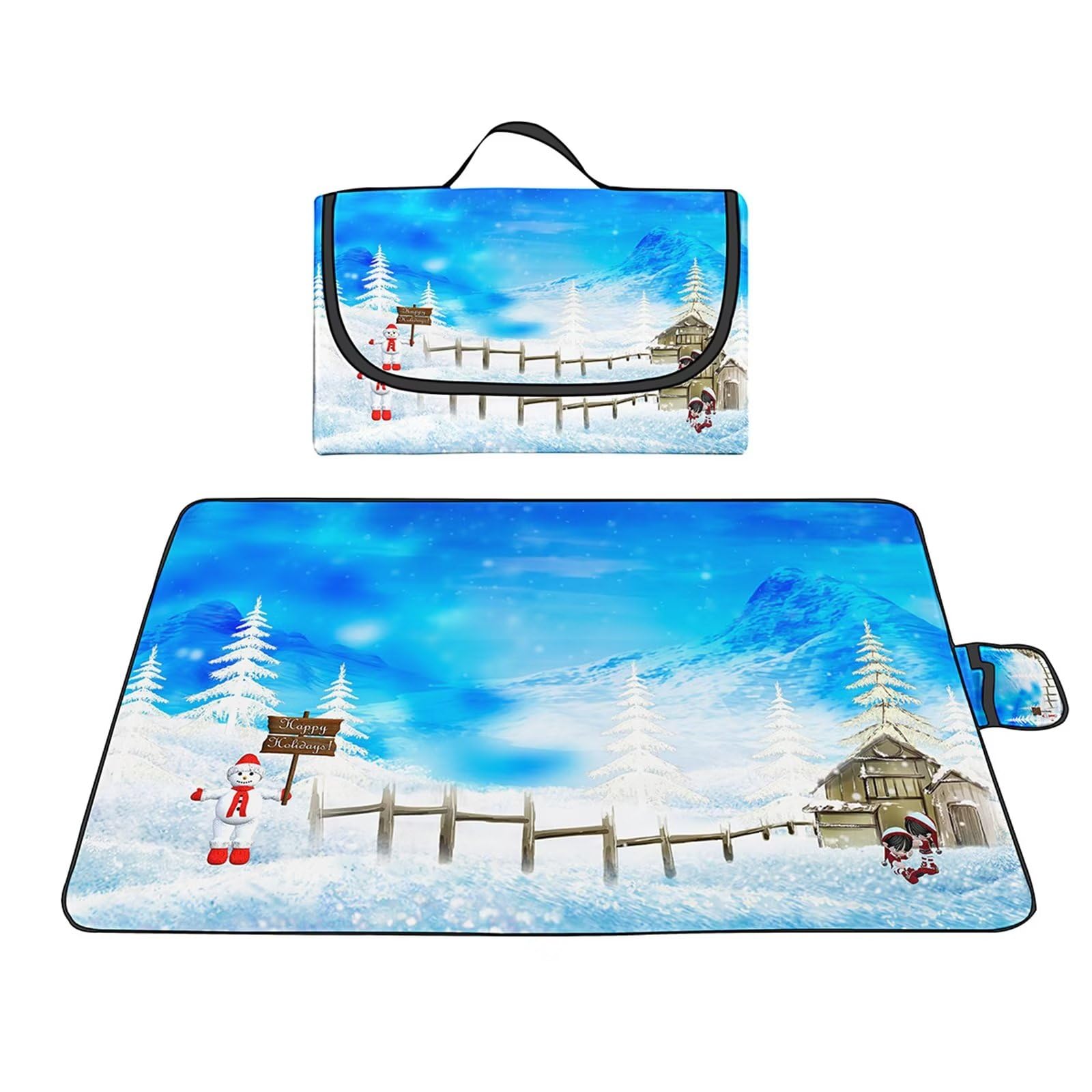 Couverture Pique-nique Imperméable 200x200cm,Couverture Plage Extérieure XXL,Boule de neige fantastique bleue Camping Couverture étanche Pique-nique avec Poignée pour Camping Randonnée Parc Plage