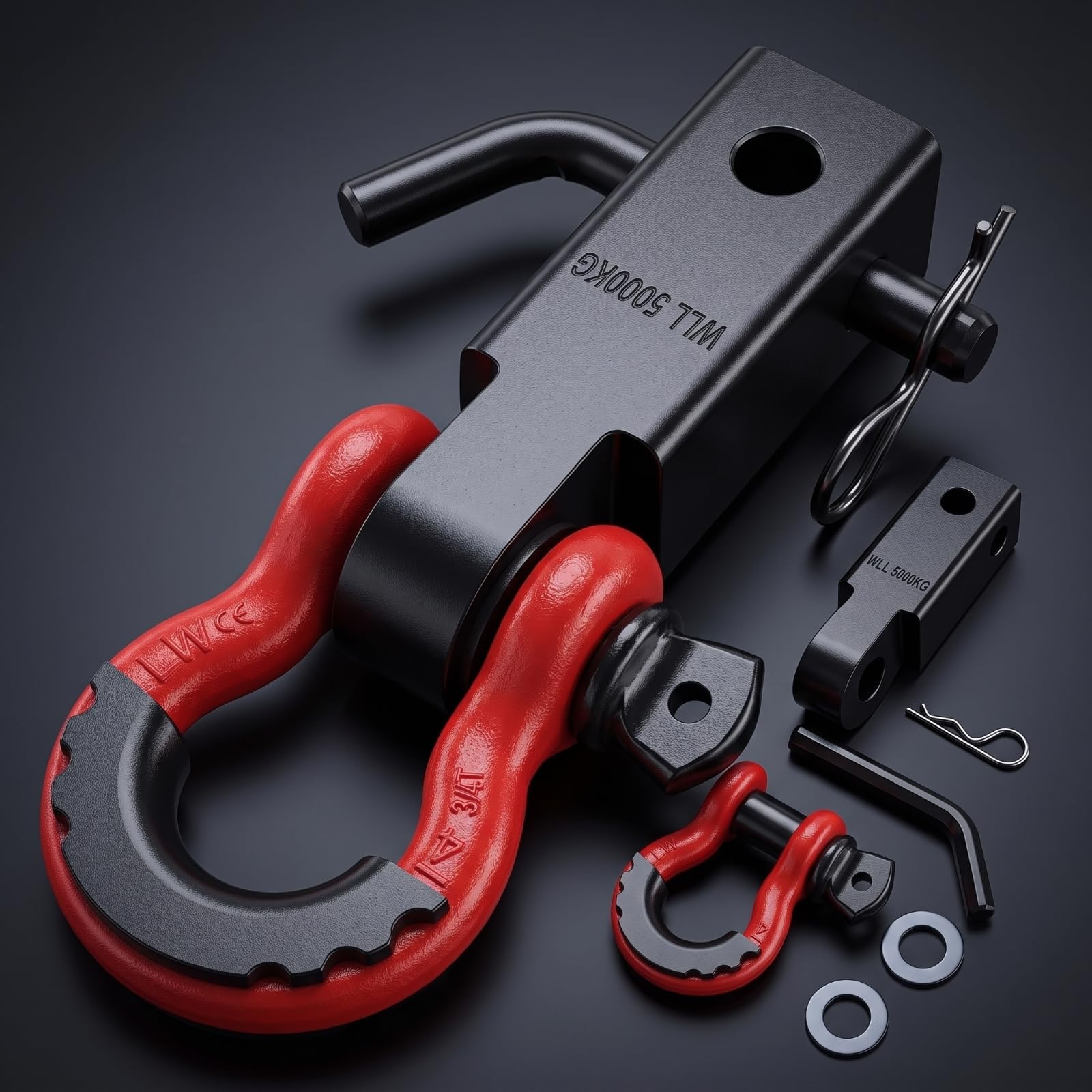 Brazo de Enganche Remolque Adaptador Acoplador Perno Grillete Pasador de Bloqueo con Conjunto Completo de Adecuado para, Carbono 2 Orificios Brazo Negro + Grillete Rojo + Pasador