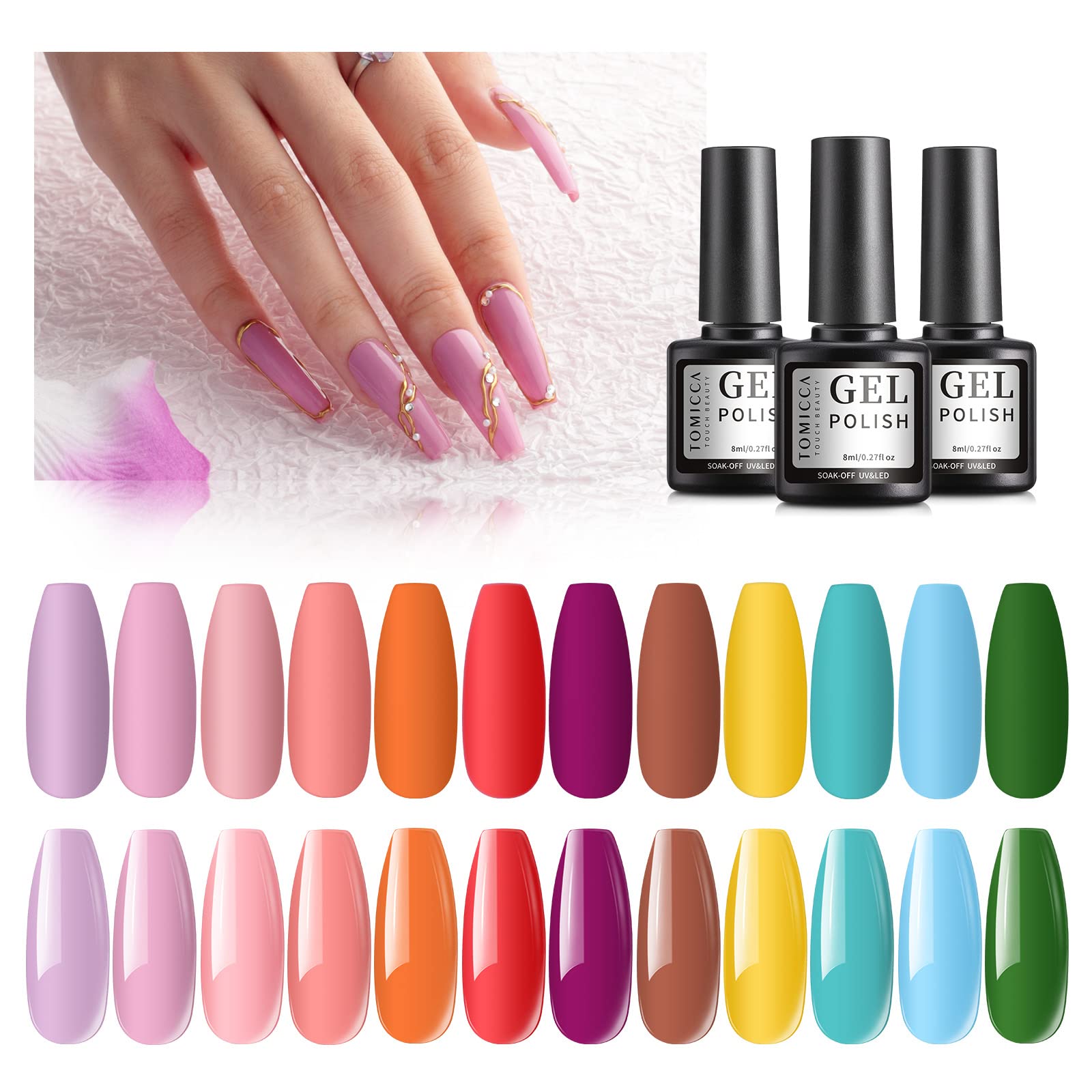 TOMICCA 12 PCS Gel Nail Polish Kit, Spring Summer Pastel Candy Color Purple Yellow Pink Gel Polish Set for Nail Art Salon or Home DIY Manicure Tools Gifts for Women