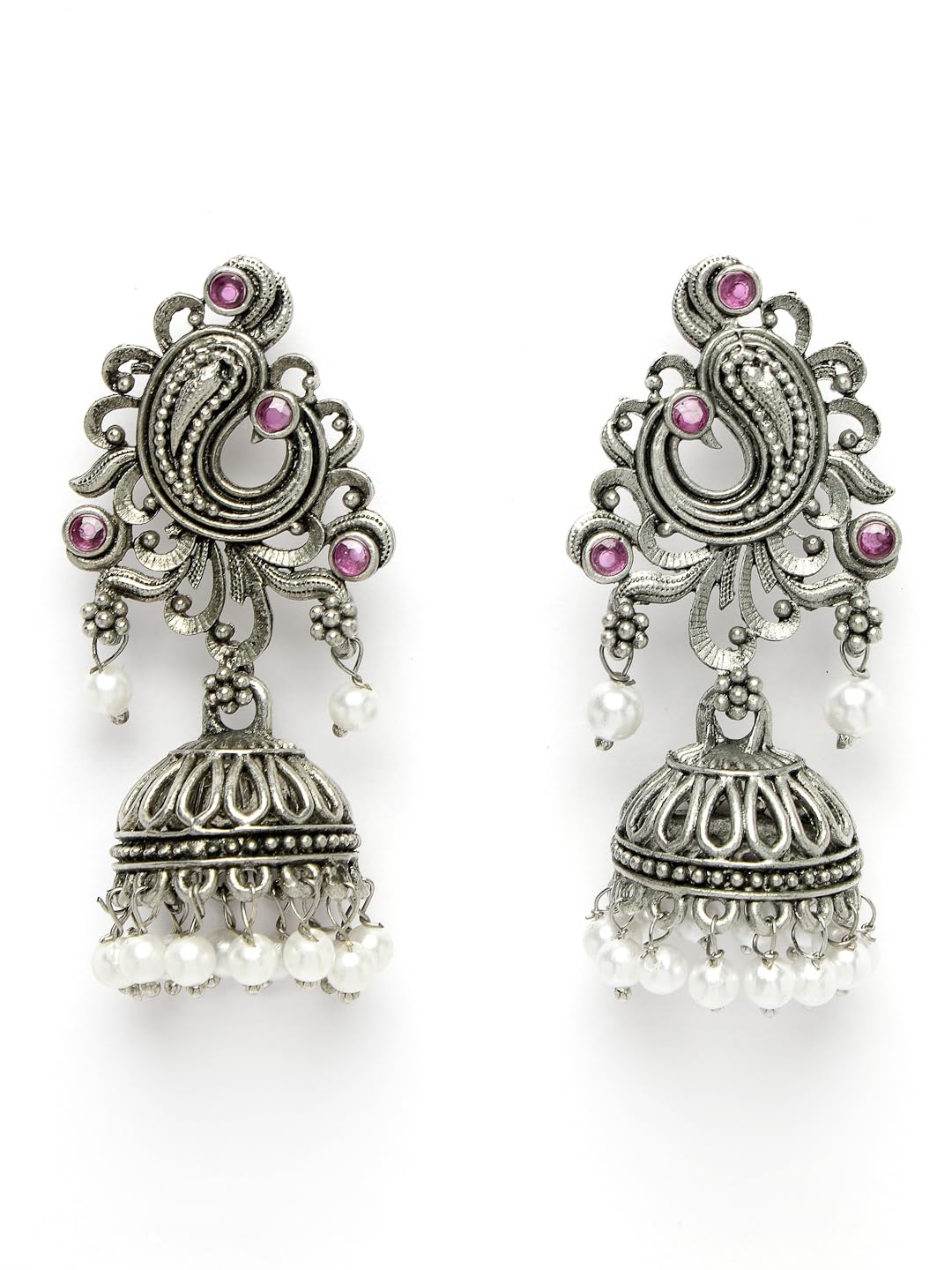 ADIVA Oxidised Silver-Plated Pink Stone & Pearl Peacock Shaped Traditional Jhumka Earrings Set for Women & Girls (B0CSSM962D) Amazon Price History, Amazon Price Tracker