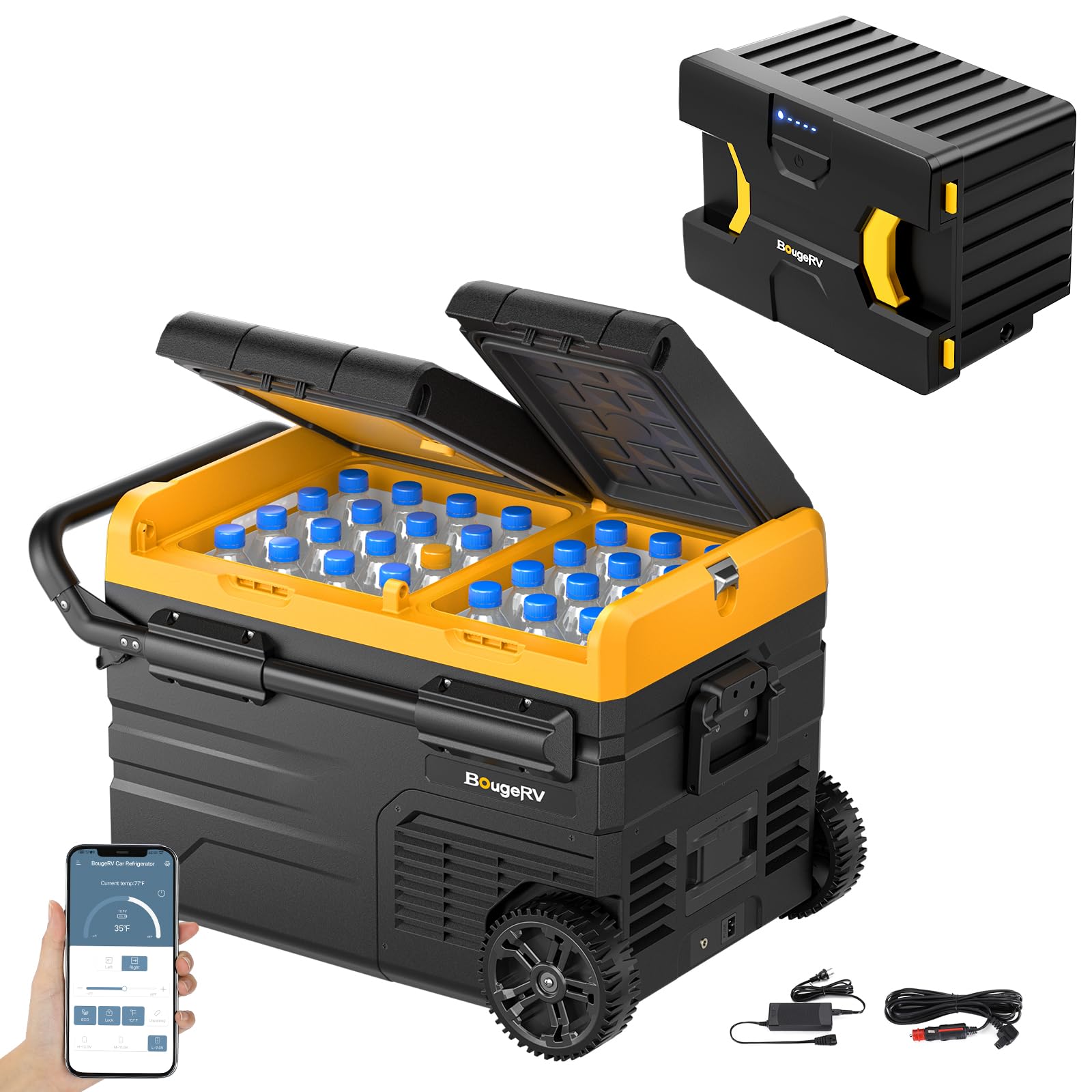 BougeRV CRD Nevera Compresor 12V 220V 35L con Batería 173WH, Nevera Portátil Doble Zona Doble Puerta Congelador Nevera con Ruedas Control App para Coche Camión Viaje Barco Camper Furgoneta -20℃~20℃