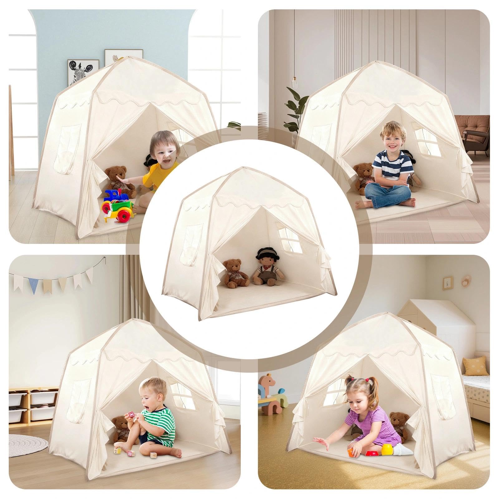 Tenda Gioco Bambina Pieghevole, Capanna per Bambini con Tappetino Morbido, Tenda per Bambini Cameretta con Finestre, Tende Principessa per Ragazze e Ragazzi(130cm × 100cm × 130cm)