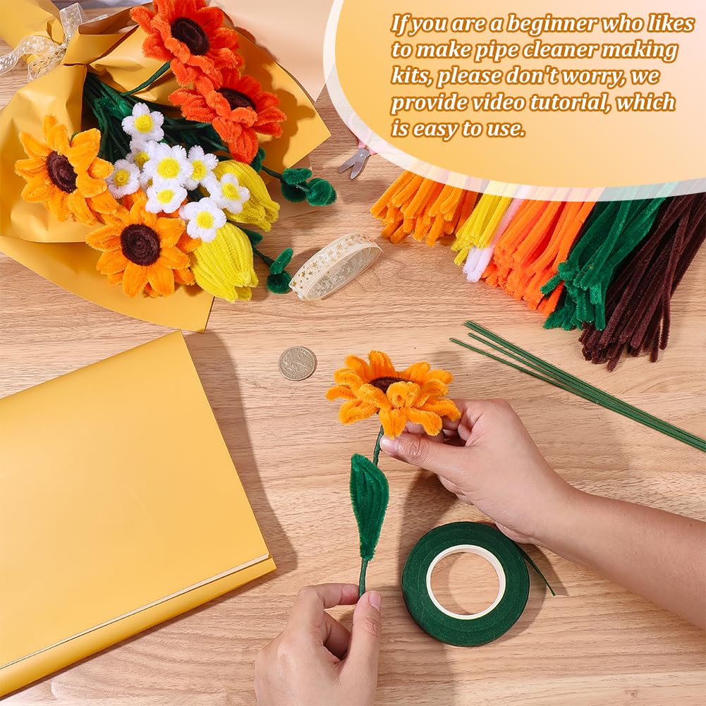 SUNNYCLUE 144pcs Pipe Cleaner Kit Chenille Stems Flower Yellow Sunflower Floral Fall Pipe Cleaner Creative Ornaments Craft DIY Kit with Video Instruction for DIY Art Crafts Creative Gifts Projects - Image 4