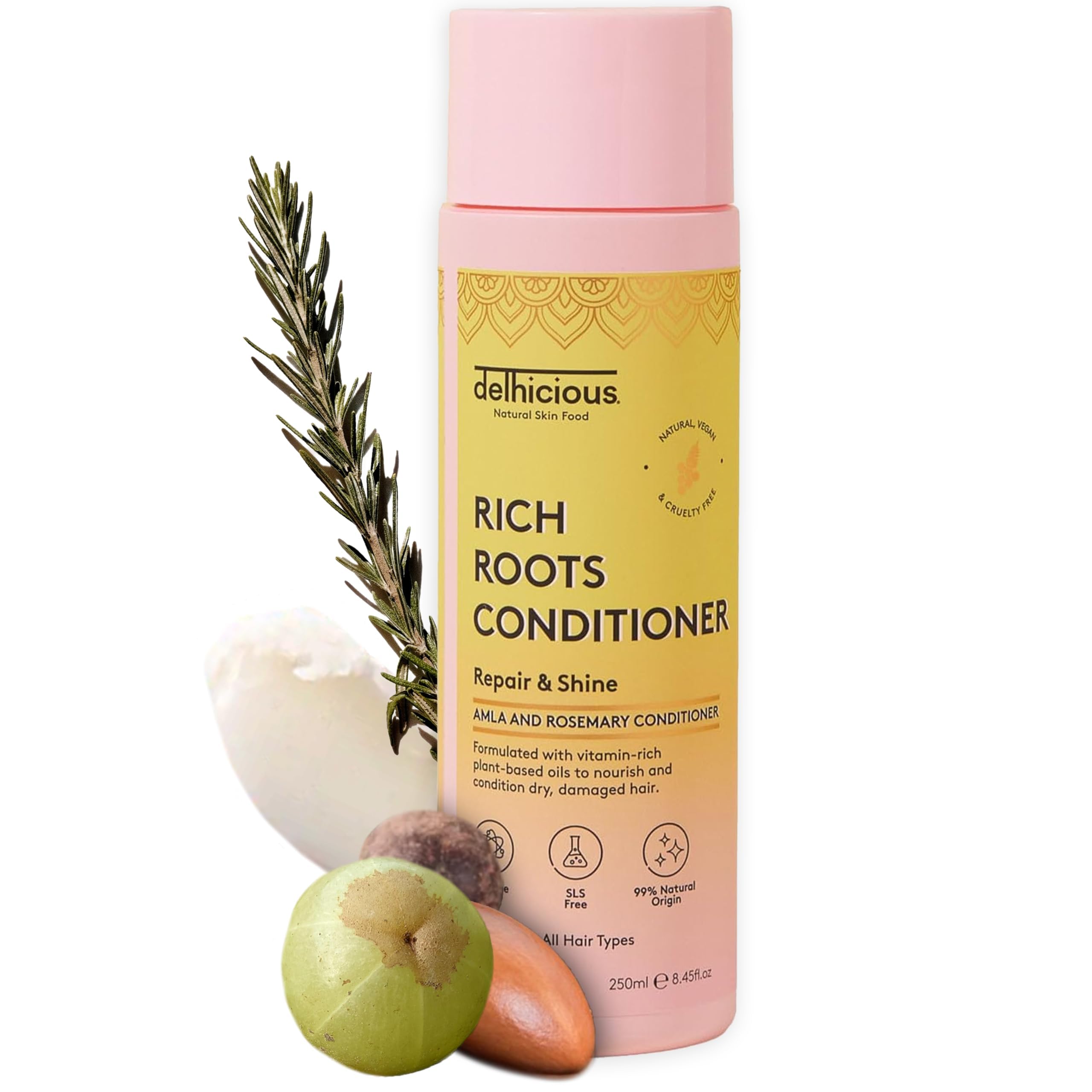 DelhiciousAmla Hair Oil & Rosemary Oil Conditioner for Hair Growth - Rich Roots Vegan Conditioner for Thinning Hair, Damaged Hair, Dry Scalp - Shea Butter & Argan Oil - Ayurveda, Sulphate Free, 250ml