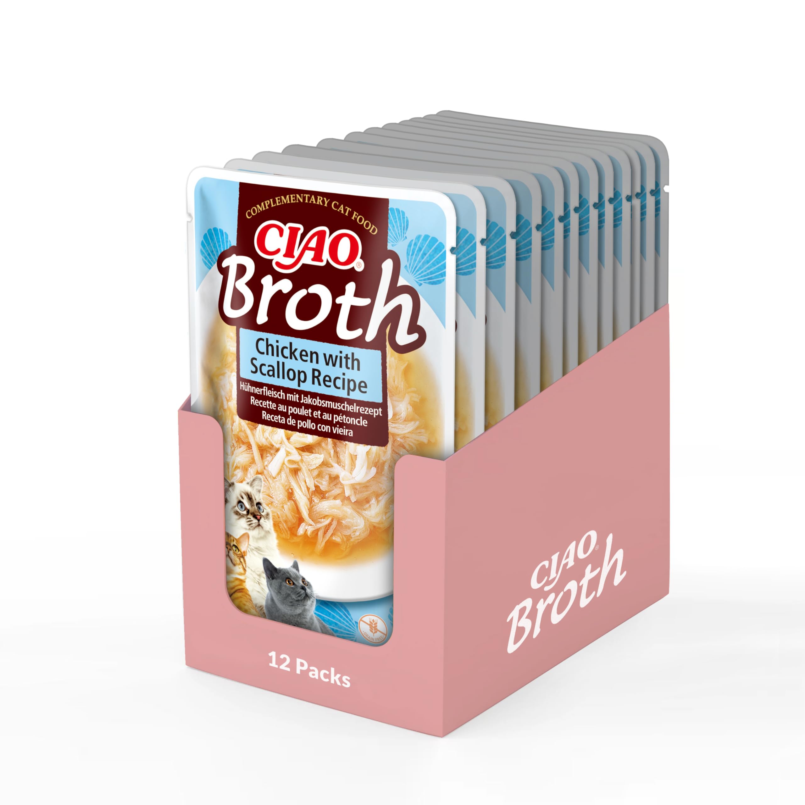 Ciao Broth by INABA Wet Cat Food - Chicken with Scallop - 12 Packs (480g total) / Moist Treat, Delicious & Healthy Snack, Food Topper, Side Dish, Complement, Natural, Grain Free, Wet Cat Food