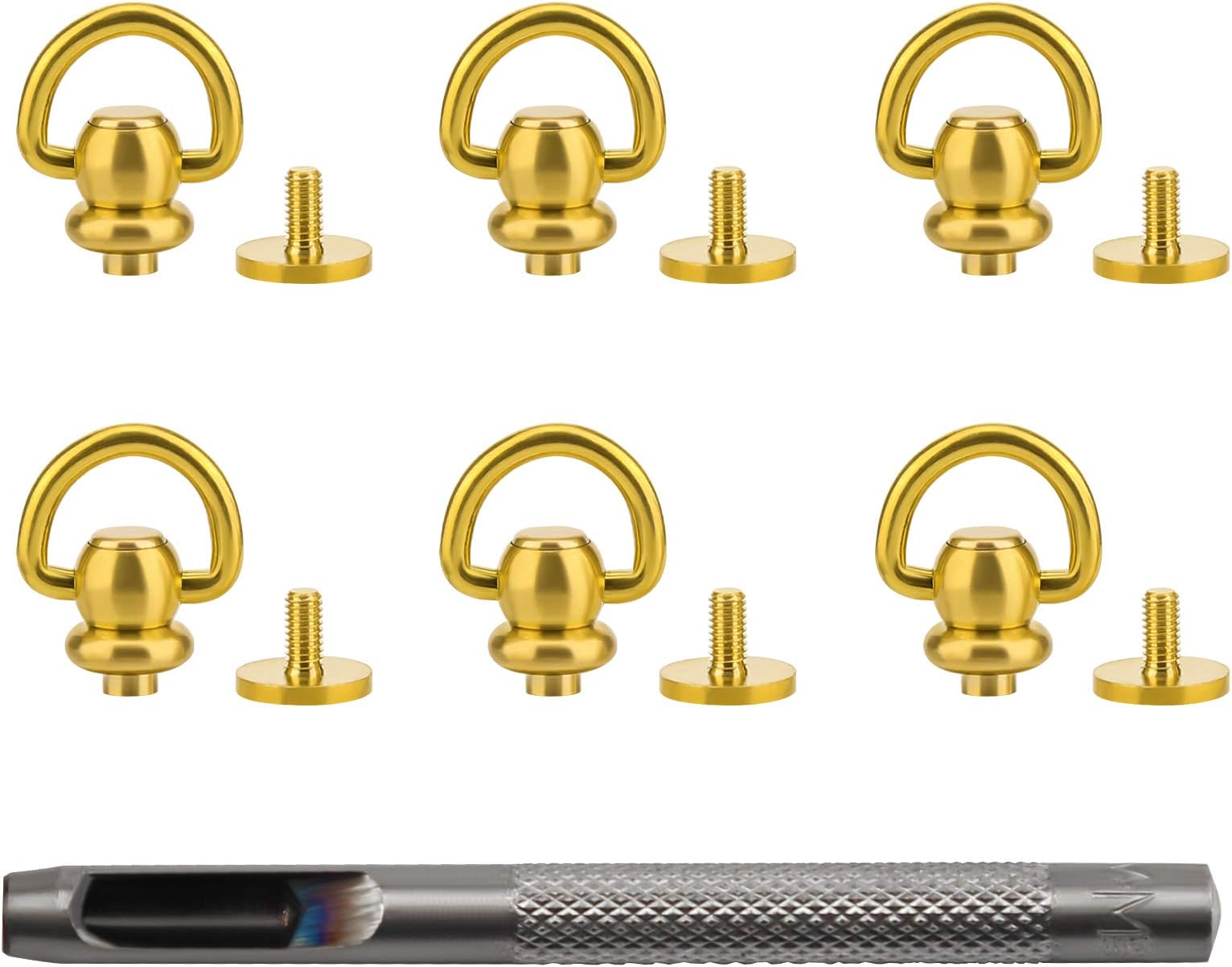 LUTER 6 Sets Brass Rivet Button Studs, Chicago Stud Screwback Screw Rivets 360 Degree Rotate Post Buttons with D Ring & Hole Punch for DIY Leather Belt Purse Backpack Hardware Accessories (Gold)