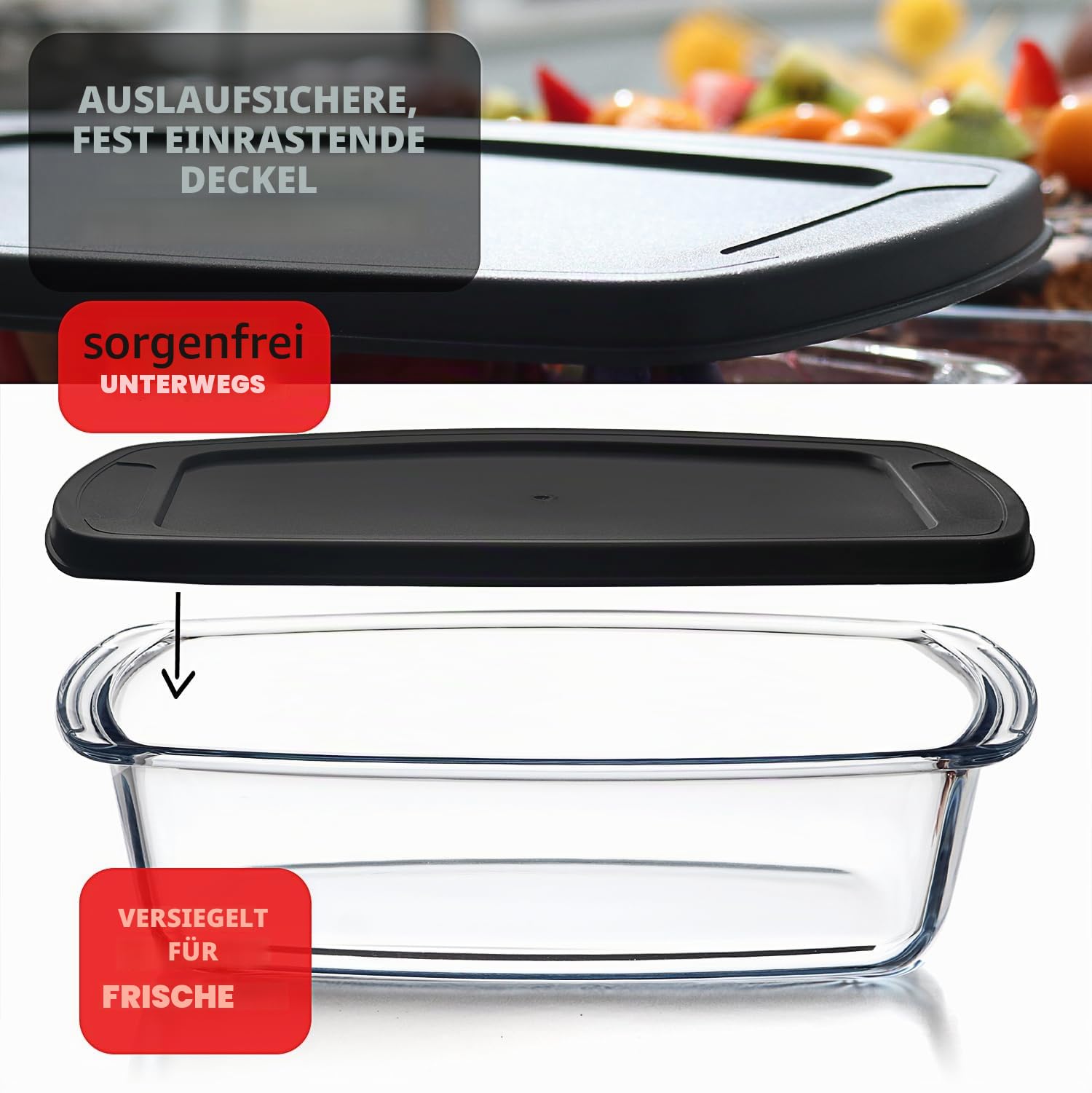 EATEX Glas-Brotpfannen für selbstgemachtes Brot, 1,9 Qt tief, rechteckig, mit Deckel, Lebensmittelbehälter, mikrowellen- und gefriergeeignet, 3 Glas-Brotbackformen, 3 luftdichte Deckel, BPA-frei