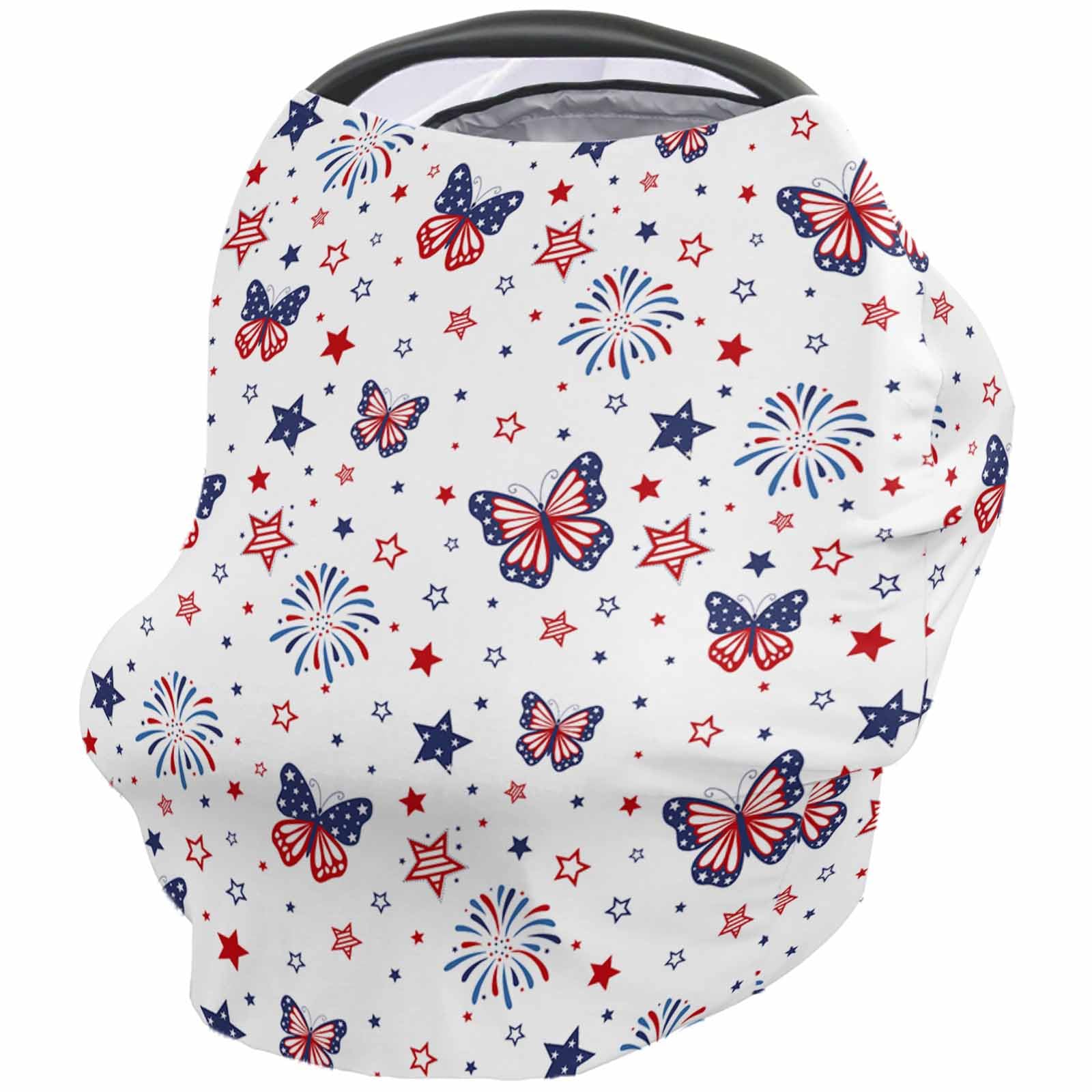 Nursing Cover for Breastfeeding Scarf, American Flag Butterfly Red Blue Stars Fireworks Baby Car Covers Super Soft Multi Use for Canopy Shopping Cart Cover Blanket Stroller Cover