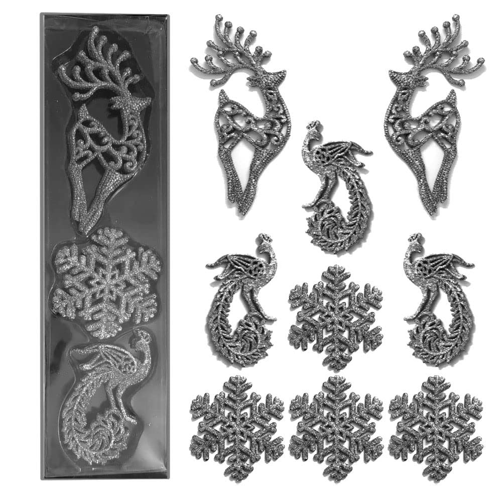 Pop The Party Christmas Tree Ornament Glitter Raindeer, Peacock and Snowflex for Festive Home Holiday Hanging Xmas Party Decoration Pack of 9 (Silver)