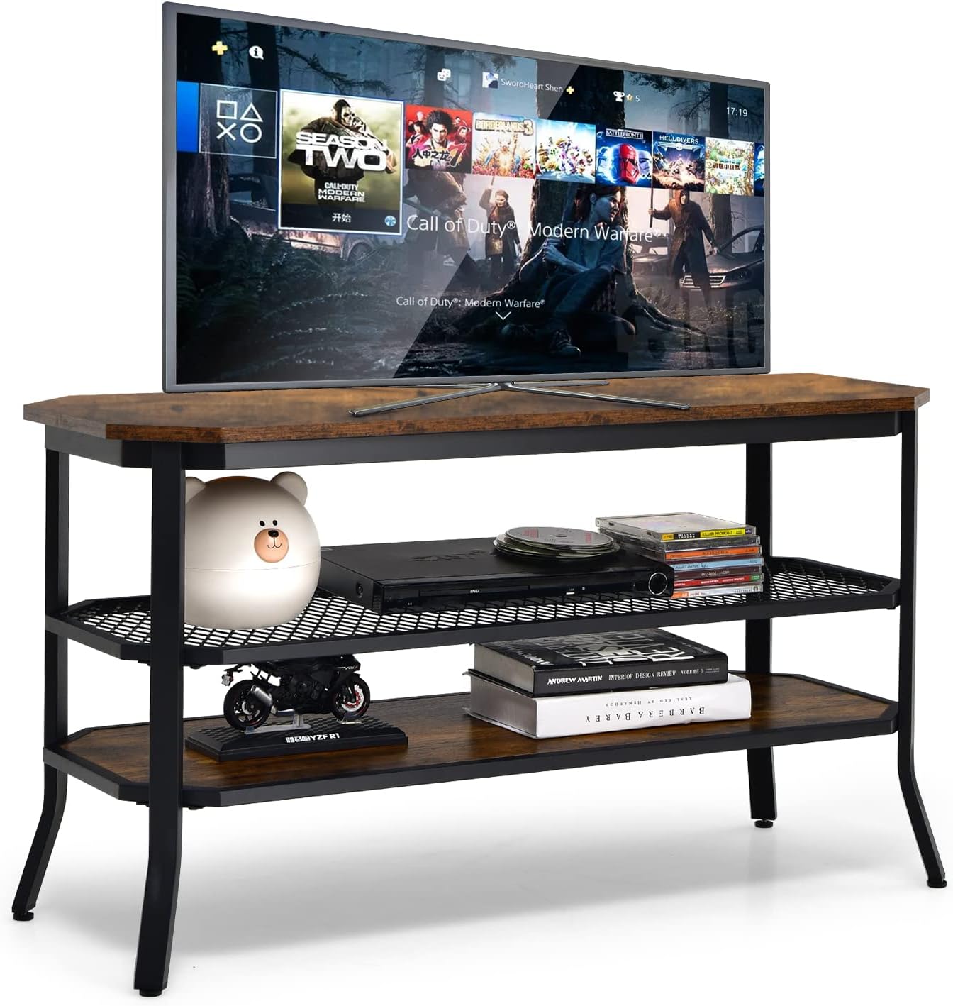GOFLAME Industrial TV Stand for TVs up to 46", 3-Tier Wood TV Cabinet with Steel Frame, Rustic Entryway Console Table, Media Entertainment Center for Living Room, Bedroom, Rustic Brown & Black