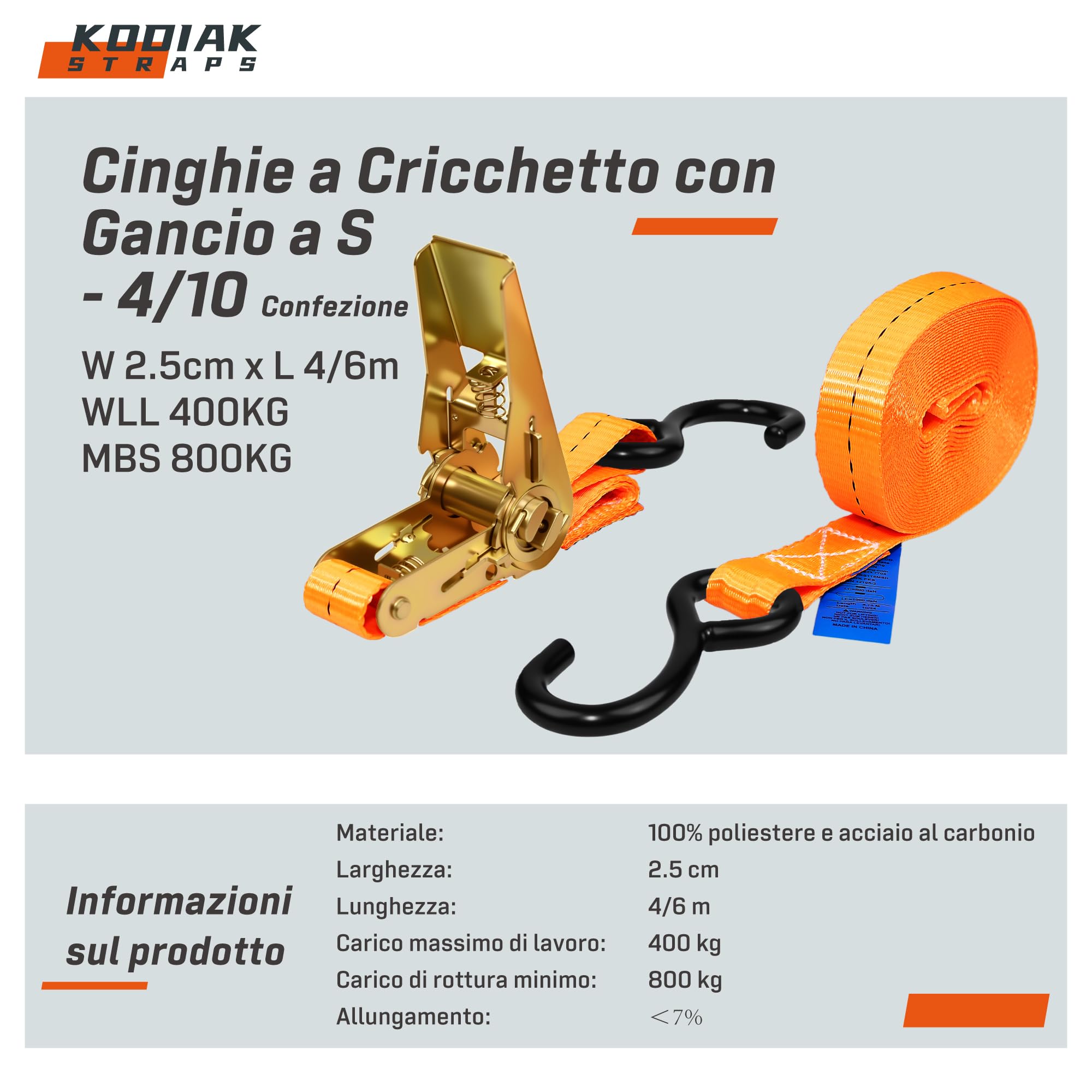 10 Cinghie di Tensione 4m x 800kg con Cricchetto e Ganci-S - Cinghie a Cricchetto da 25mm - Cinghia Arancione per la Sicurezza del Carico - Certificato TÜV/GS e secondo DIN EN 12195-2 - KODIAK STRAPS