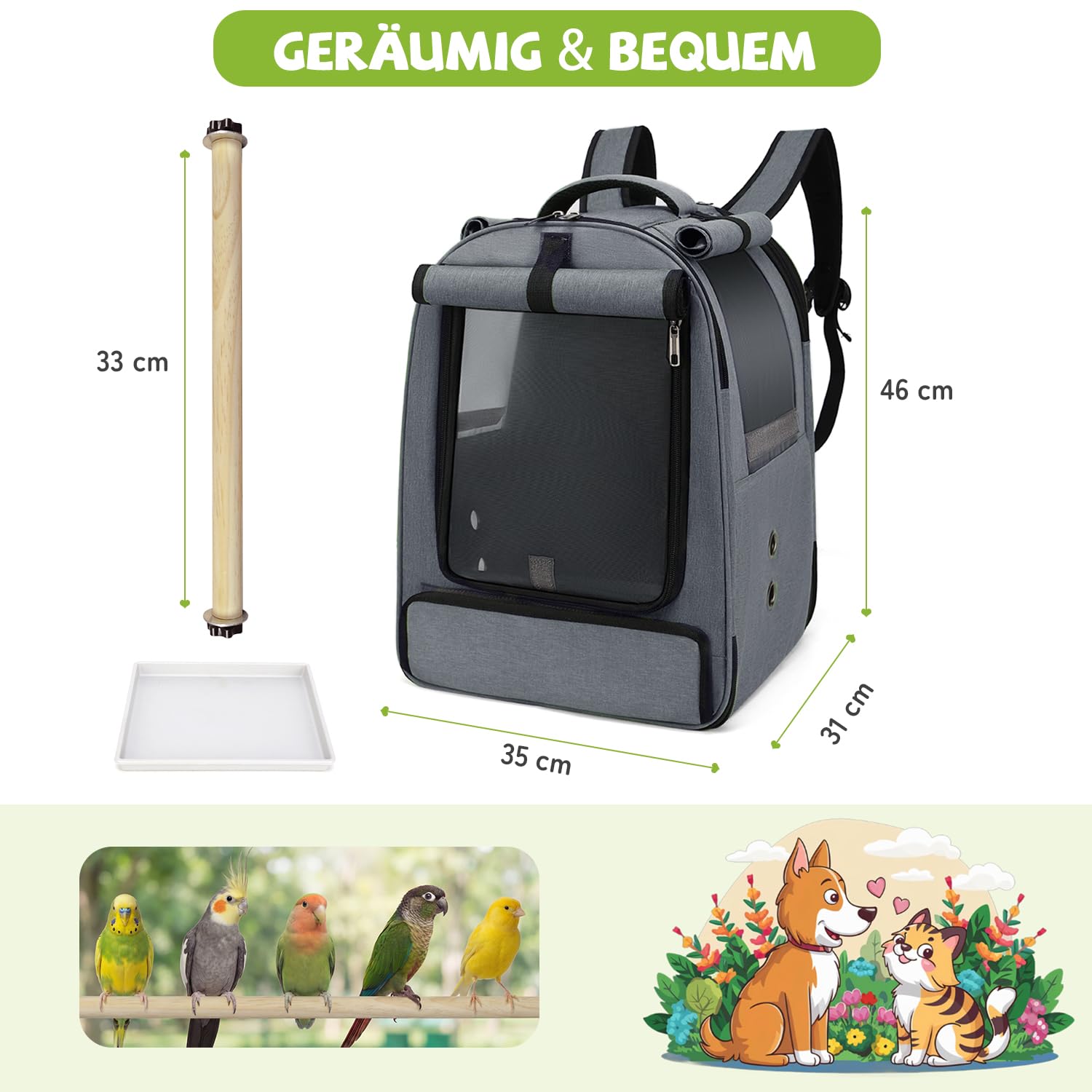 ALLSOPETS Vogelrucksack Leicht und Atmungsaktiv Tragbarer Papageiträger für Kleine Tiere mit Ständer Verstellbarer Höhe und Sichtfenster ideal für Reisen (Anthrazitgrau)