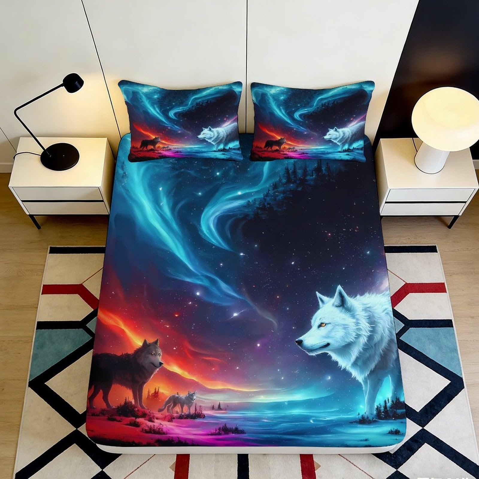 3D Printed Aurora Wolf Fitted Sheet Microfiber Deep Pocket Bedroom Bedding Aurora Wolf Mattress Fitted Cover for Adults 200x200x25cm