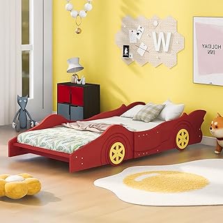87.4"L Adorable Twin Size Platform Bed with Race Car-shaped Design, Durable Twin Bed Frame with Reinforced Slats, Sleek Daybed with Pine Wood Frame & No Spring Box Needed for Bedroom Apartment, Red