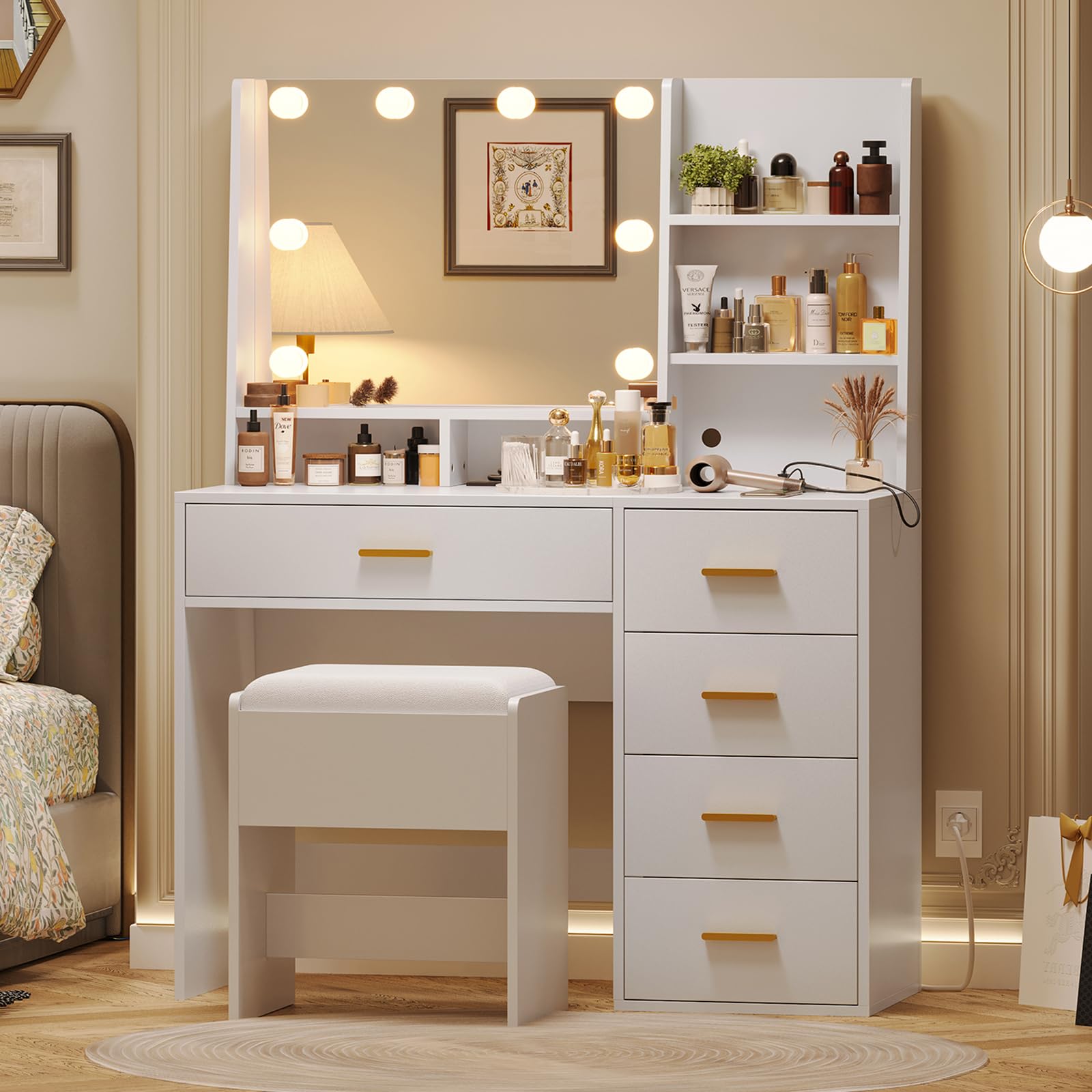VIAGDO Makeup Vanity Set with Mirror and Lights, Vanity Desk with Charging Station & Cushioned Stool, White Bedroom Vanity Table with Drawers, Jewelry Box, Open Storage Shelves