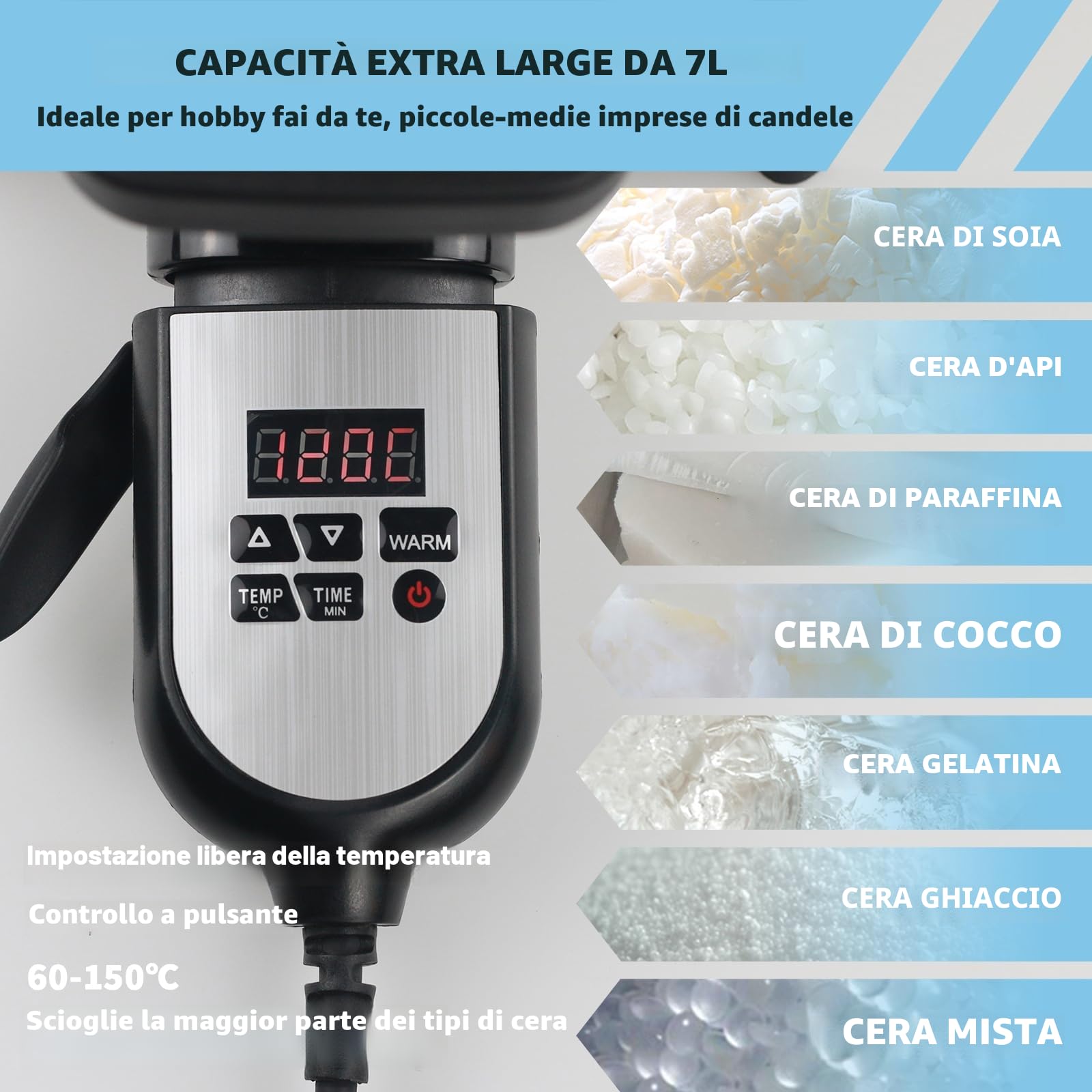 Bienslys Fonditore elettrico di cera per candela contenente 7L di cera di soia non aderente con dispositivo di controllo della temperatura a pressione di pulsante