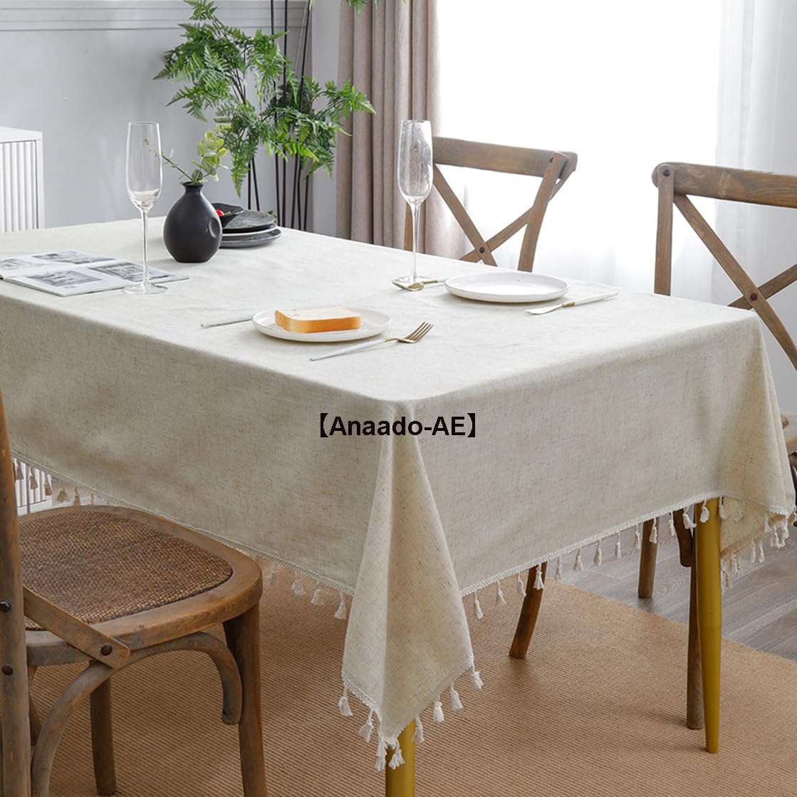Anaado Cotton Table Cloth for Dining table 8 Seater, Linen Table Cover Cafe Tabletop Decorations, Ramadan Decorations, Beige,140x260 cm【Anaado-AE】