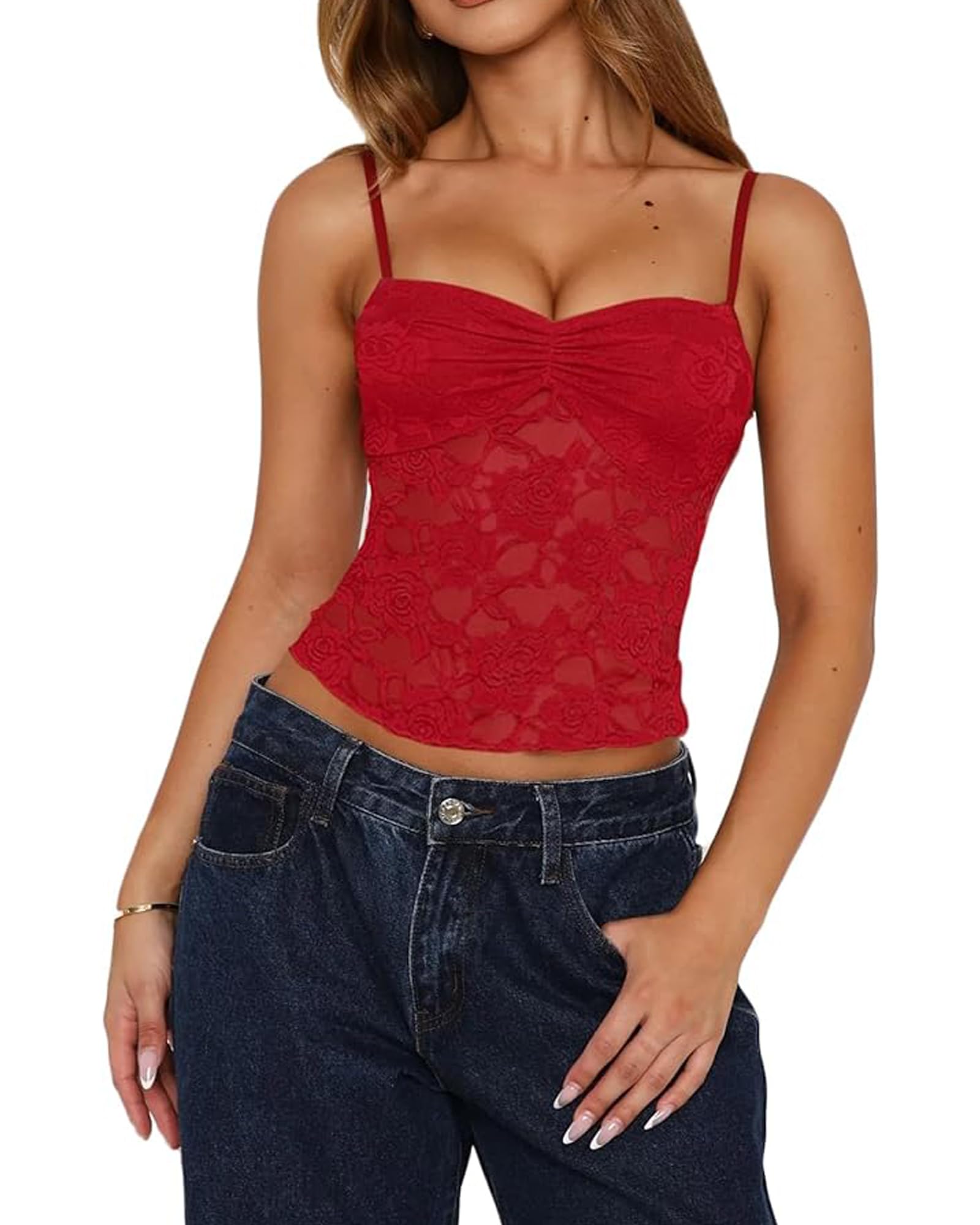 YOUDTIAN Womens Y2k Lace Cami Tops Sleeveless Spaghetti Strap Mesh Floral See Through Crop Camisoles Going Out Tops Streetwear (A-Red, M)