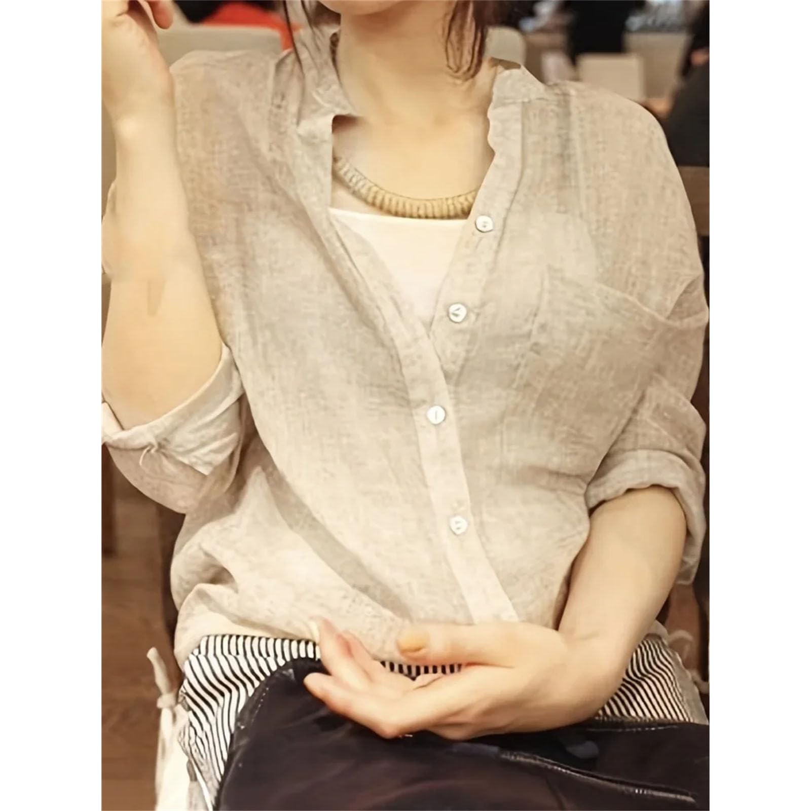 Blusas casuales de algodón y lino para mujer, tallas grandes, simples, lisas, de manga larga