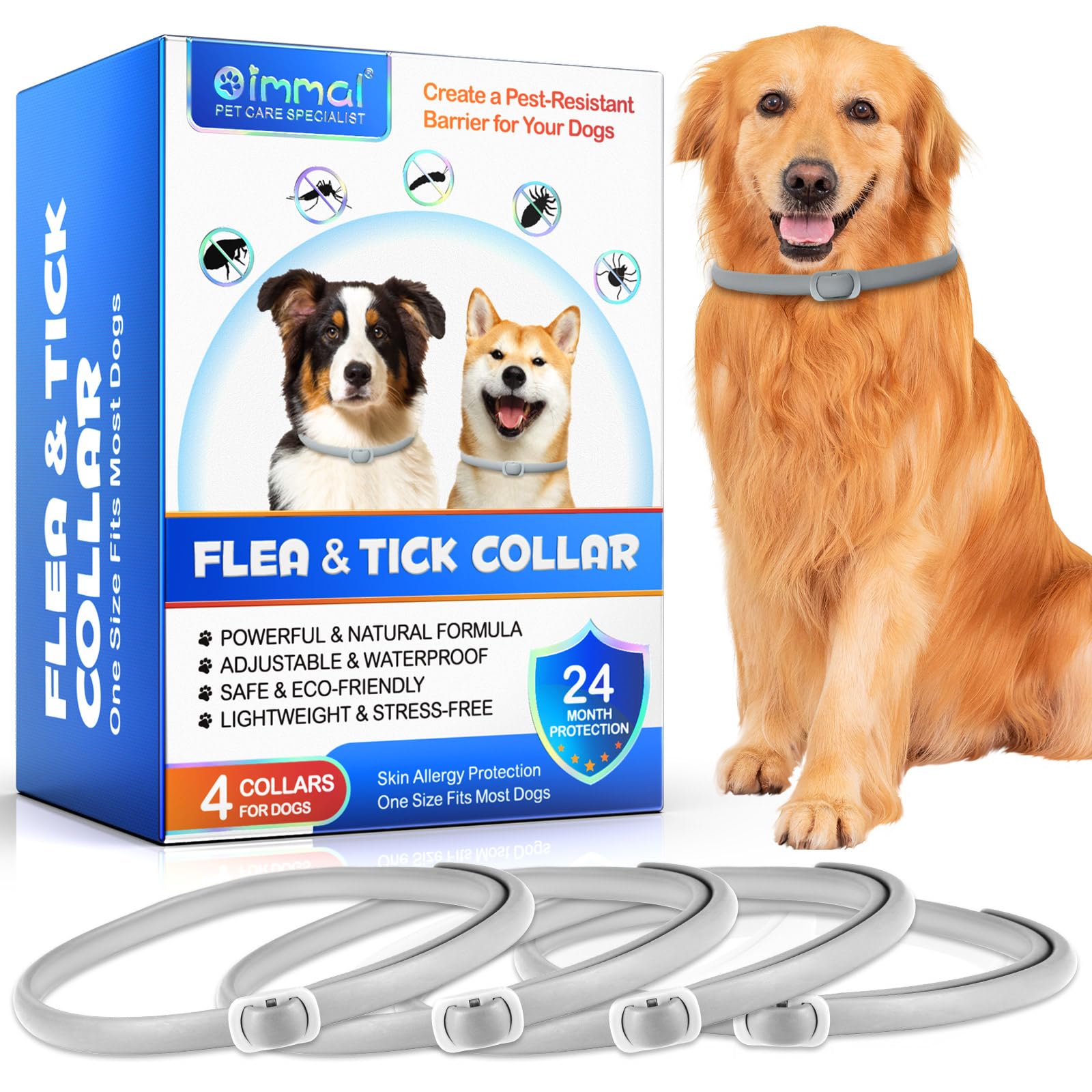 Collari per cani regolabili, collari antipulci regolabili per cani da 60 cm, collari antipulci e antizecche impermeabili per cani, per cani di taglia piccola, media e grande - Protezione 24 mesi