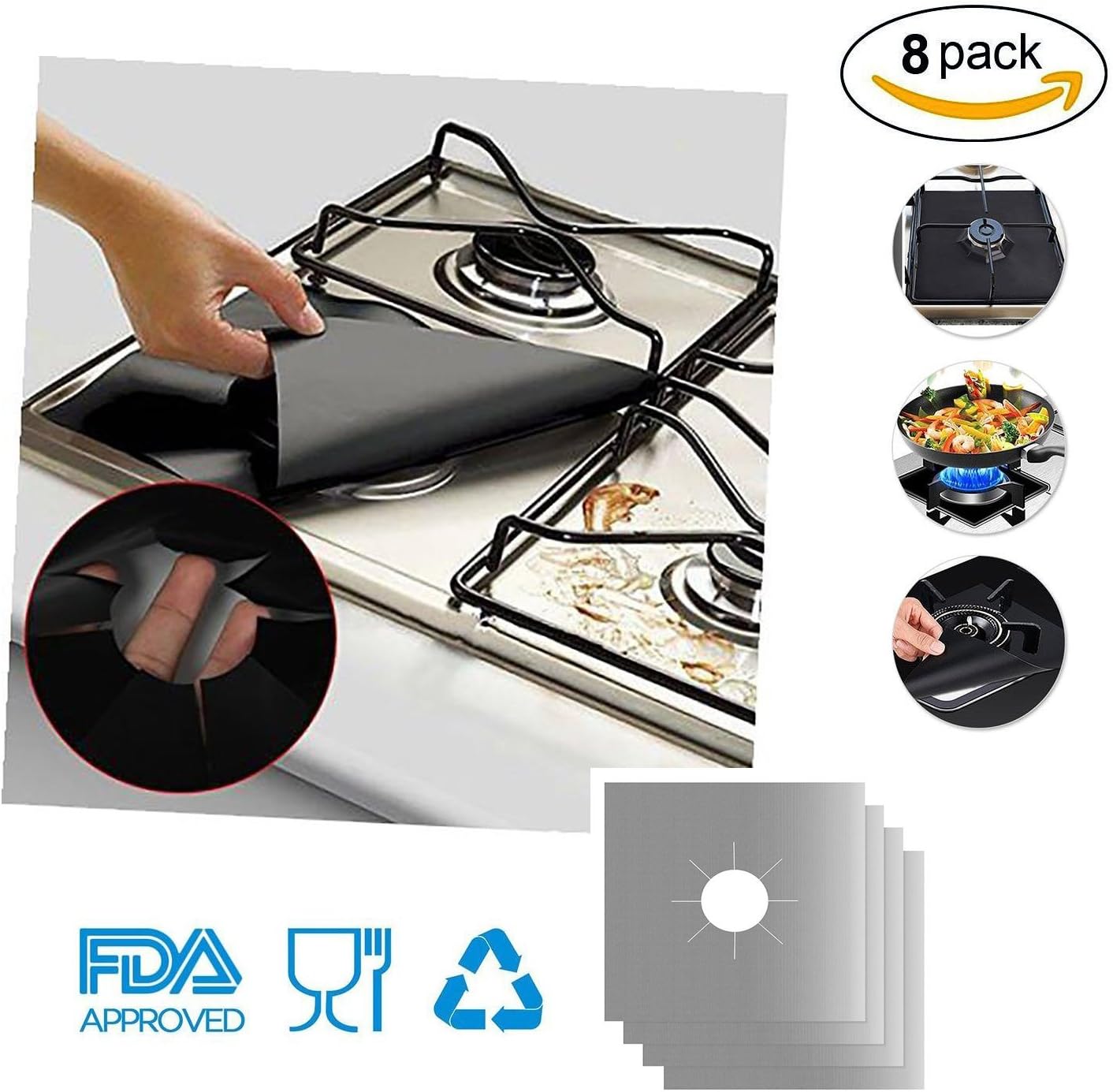 QISHENG TRADE 8 Pack Stove Burner Covers Stovetop Burner Liners Gas Range Protectors, Dishwasher Safe, Non-Stick, Heavy Duty, Reusable, Easy Cleaning, Heat resistent (27cm x 27cm), Silver