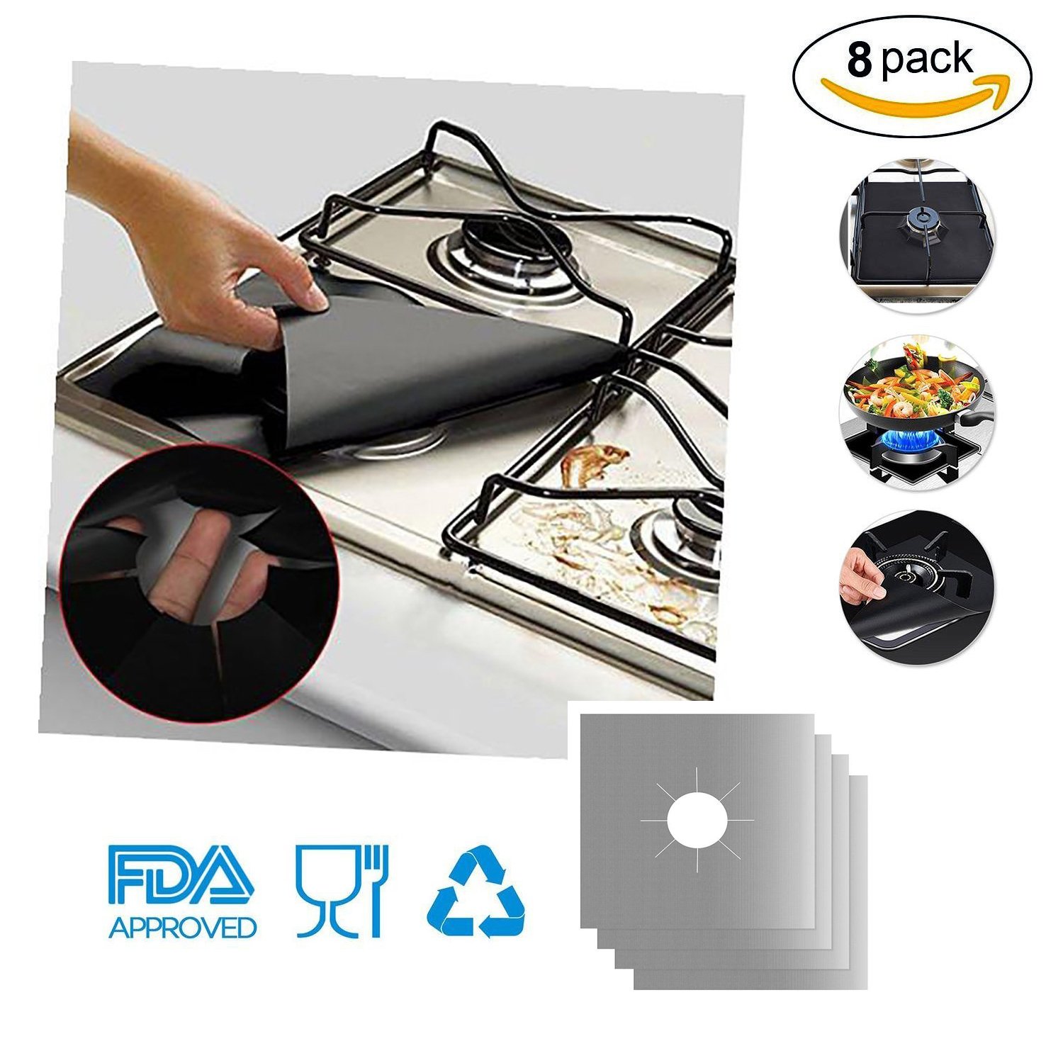 QISHENG TRADE 8 Pack Stove Burner Covers Stovetop Burner Liners Gas Range Protectors, Dishwasher Safe, Non-Stick, Heavy Duty, Reusable, Easy Cleaning, Heat resistent (27cm x 27cm), Silver