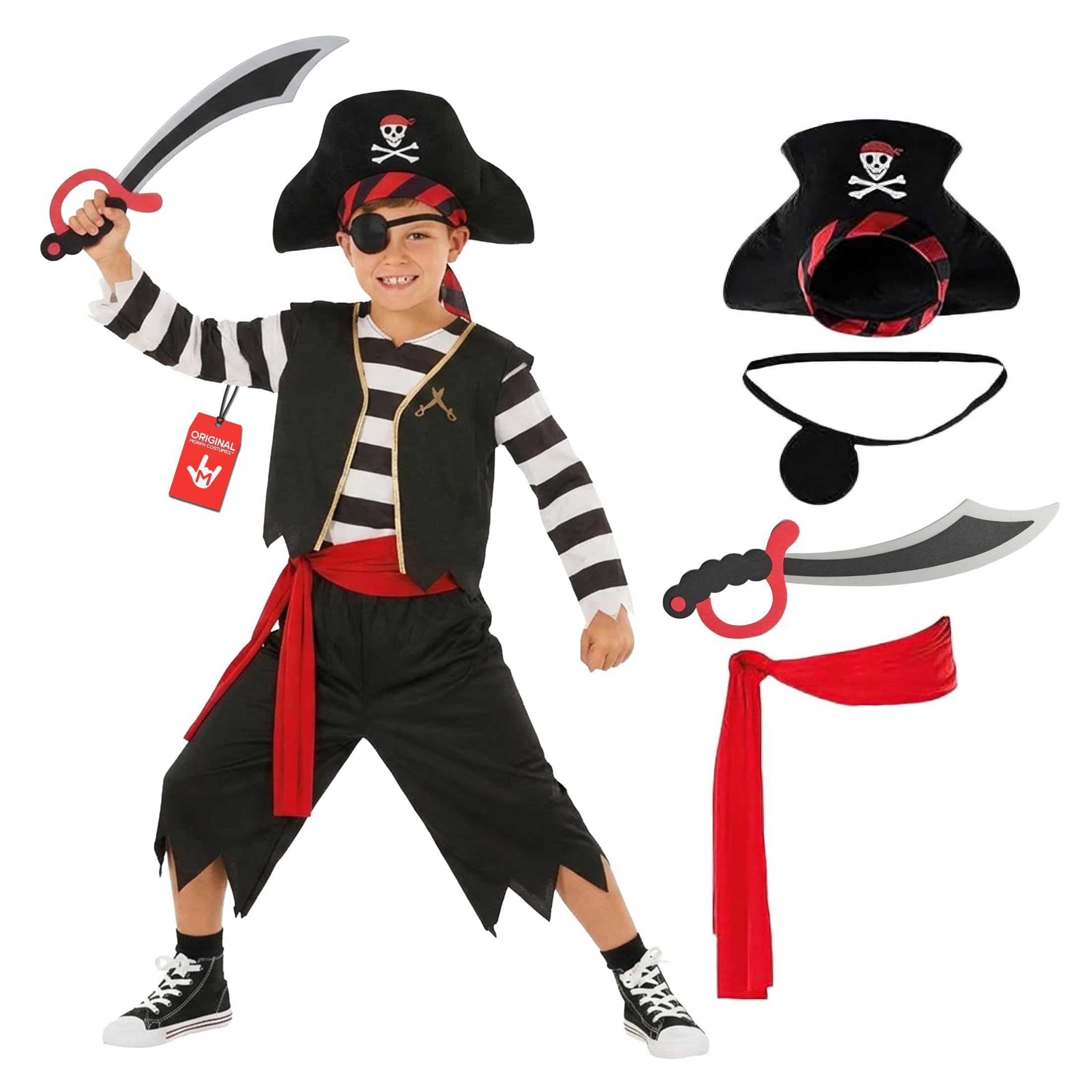 Morph Costume Pirata Bambino, Costume Pirata Halloween Bambino | Maglia con Gilet, Pantaloni, Cappello, Benda & Spada, Perfetto per Halloween, Ideale per il Gioco di Ruolo