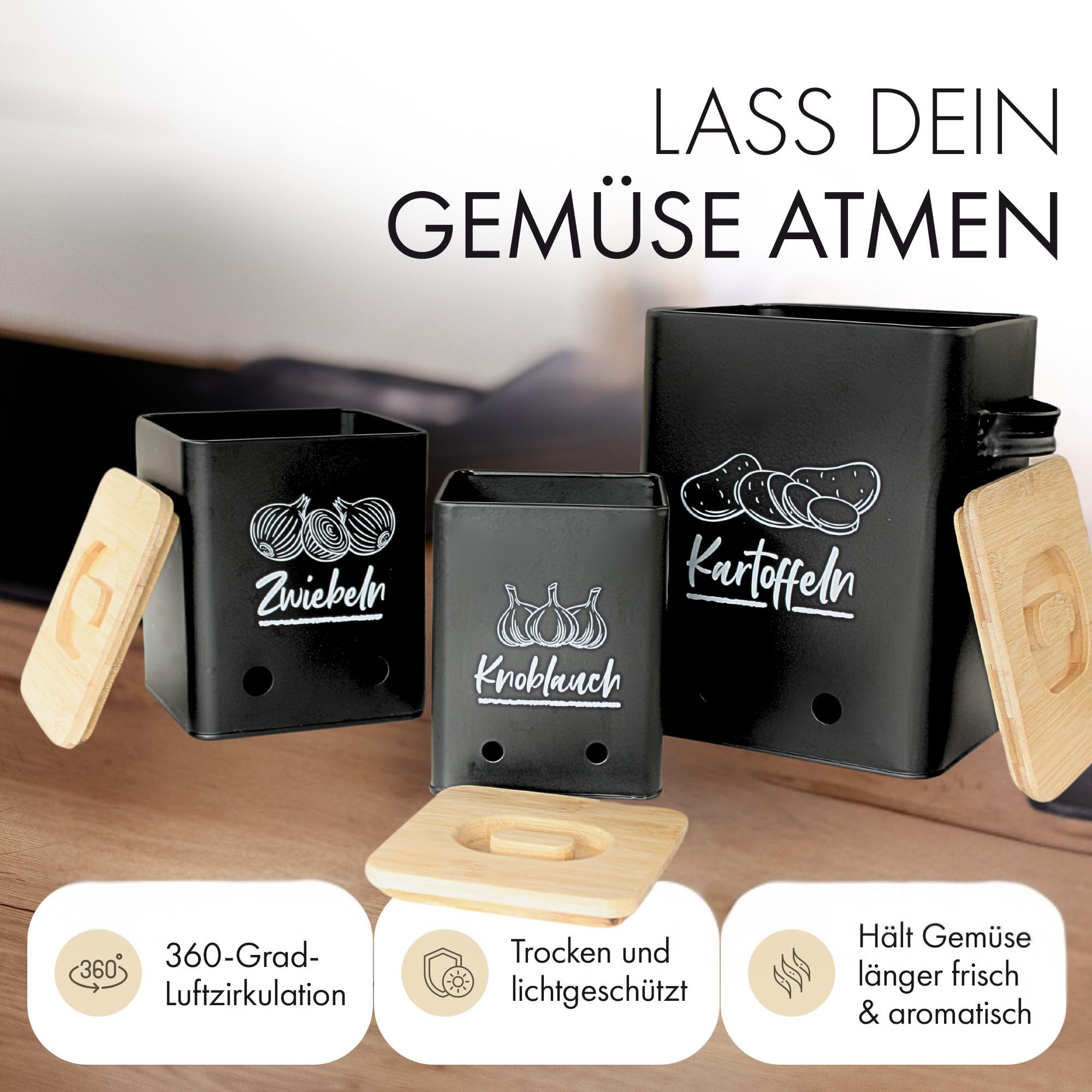 Caja de almacenamiento para patatas [juego de 3] – Un verdadero punto de atracción en tu cocina. Crea orden con este elegante juego de tarros y entusiastas amigos y familia... (negro)