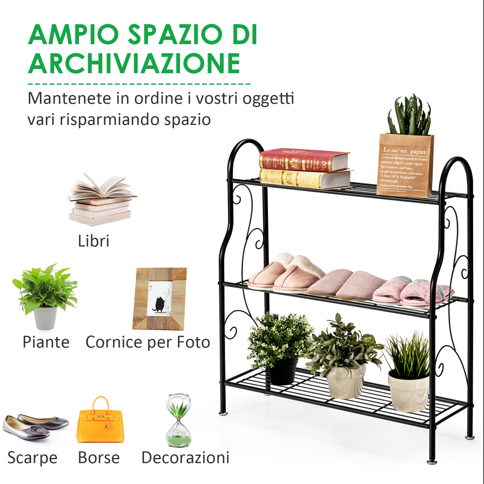 COSTWAY Porta Piante in Metallo a 3 Livelli, Scaffale Portavasi Interno ed Esterno con Elegante Motivo a Volute, Scaffale a Scala Multifunzionale per Casa, Giardino, Balcone e Corridoio