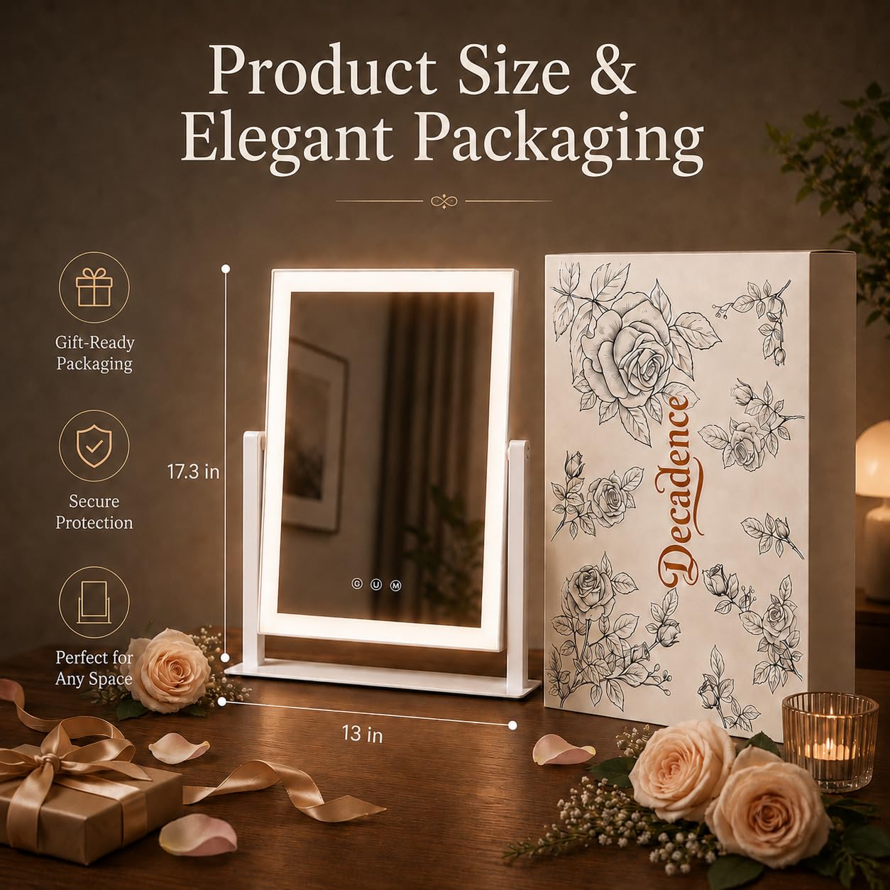 Decadence Espejo de maquillaje LED de 17.3 pulgadas con luces para mujeres y mamá, lupas desmontables 10X/5X, 3 modos de color, control táctil regulable, rotación de 360 grados, espejo cosmético de