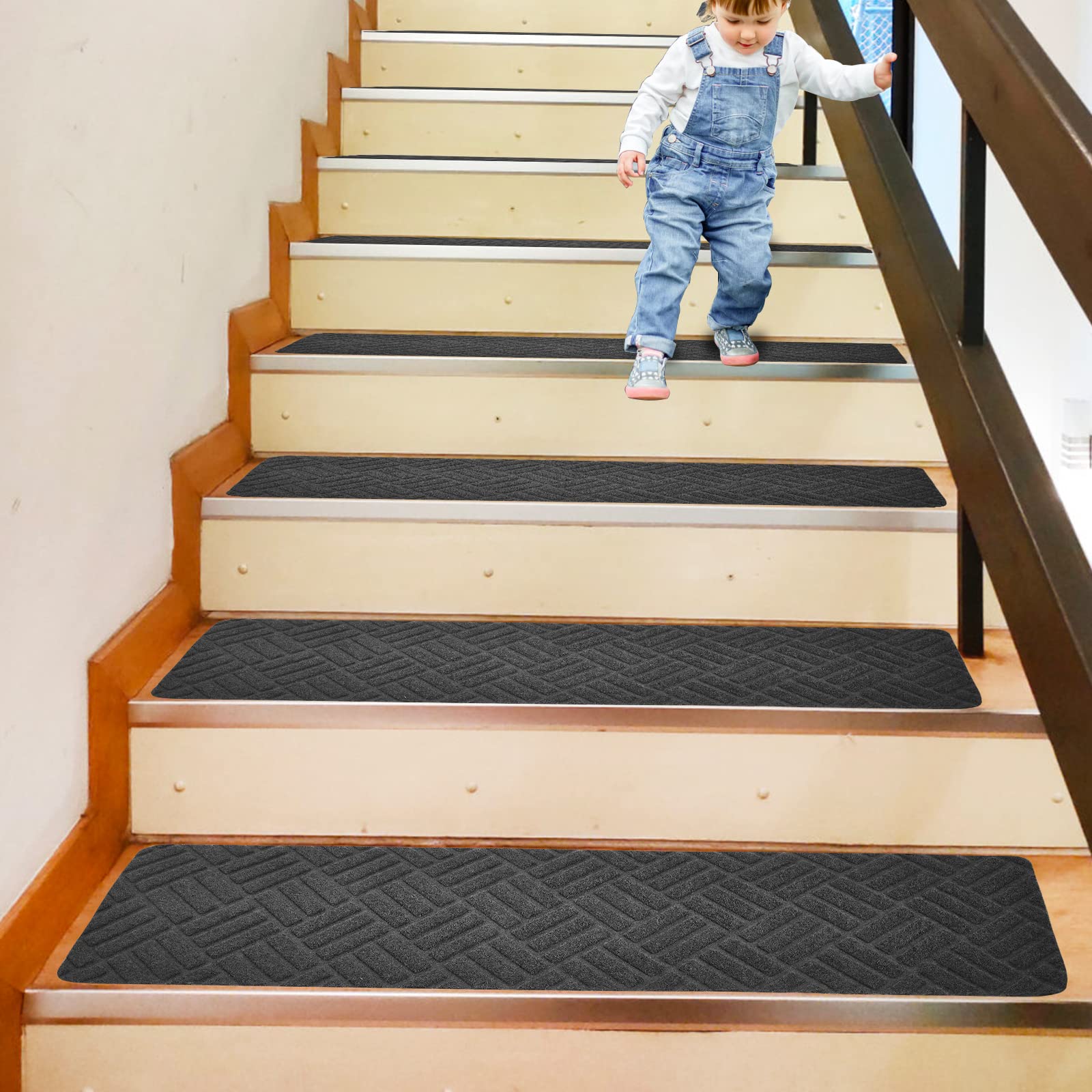 Weigudoc Tappetini per Scale Antiscivolo 76x20cm, Tappetini di Sicurezza Autoadesivo, 15 pezzi Pavimento Staircase tappeti per Bambini Anziani e Animali Domestici, grigio (Stile 2)