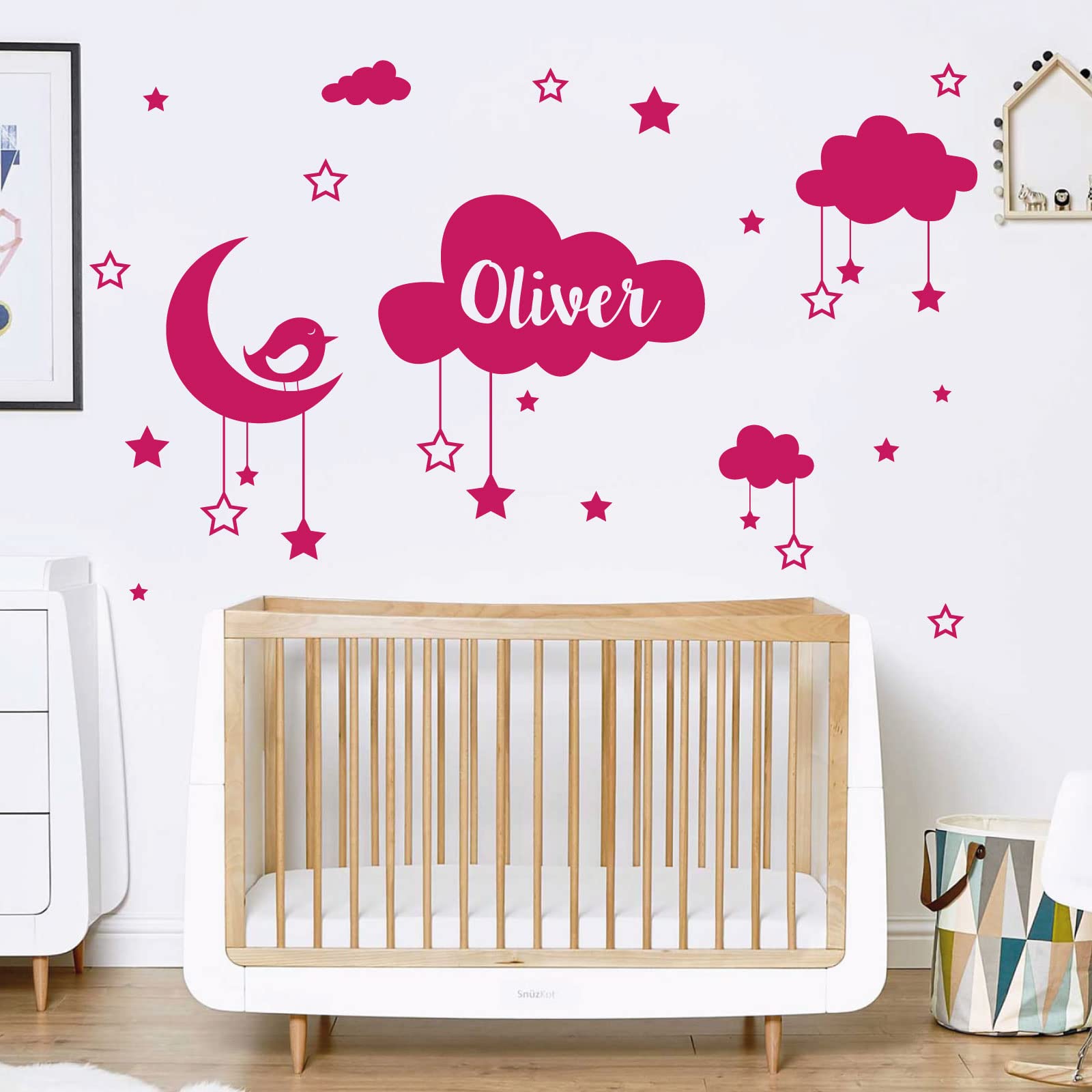 Personalised Name Baby Wall Sticker - Clouds, Stars, Moon & Bird [Large] [Magenta]