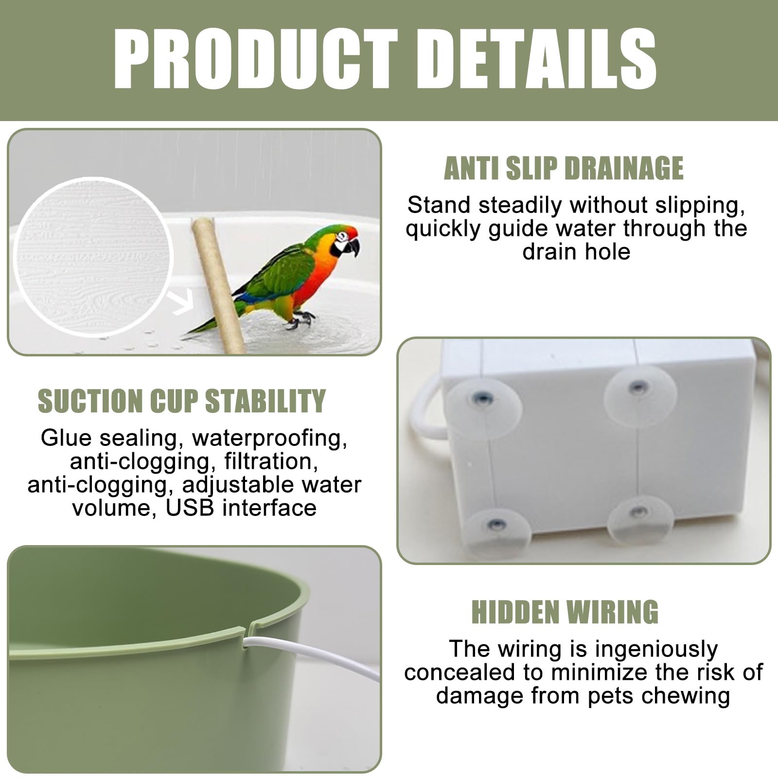 Vogelbadewanne, Automatische Wasserzirkulation USB-Betrieben 5V, 32x26cm Großes Becken mit 26 Wasserauslässen, Spritzschutz & Drehbare Sitzstange für Wellensittiche Nymphensittiche (Grün)