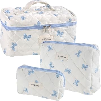 3 Pcs Makeup Bag, Toiletry Bags for Women, Cosmetic Bags for Teenage Girls, Skincare Bag Cotton, Travel Wash Bagg Set, Cute & Portable Make Up Bagg Organiser for GiftsBlue Bow