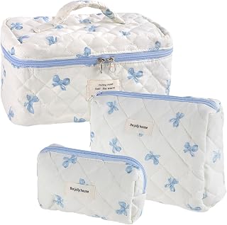 3 Pcs Makeup Bag Travel Toiletry Bag Women Set, Cosmetic Bag Organizer Quilted, Makeup Bags Aesthetic, Portable Cosmetic Bag, Cute Toiletry Bag for Women Gift, Blue Bow, Stylish