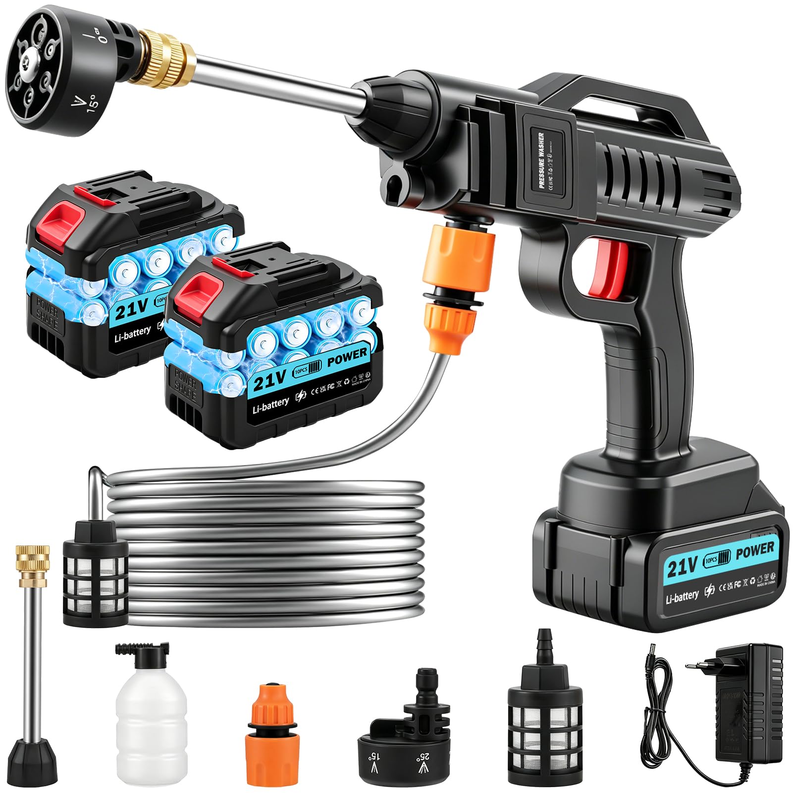 Limpiador de alta presión con batería 100 bar – Limpiador de presión portátil con batería de 21V, boquilla multifunción 6-en-1, 2 baterías de 3000 mAh y manguera de 5 m. Perfecto para el