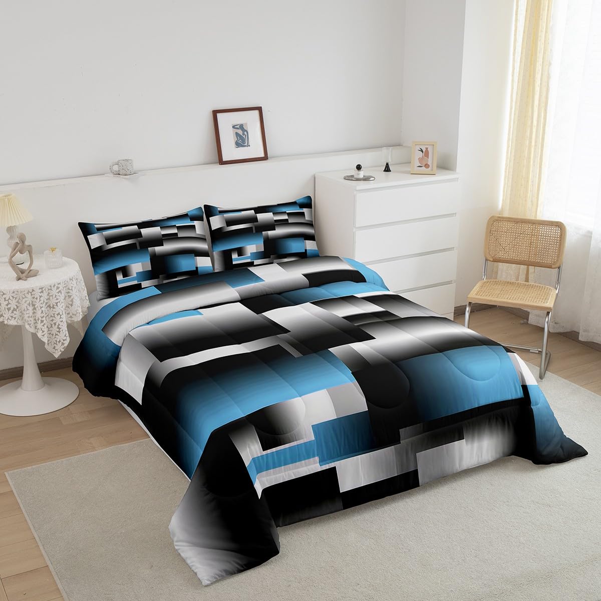 Feelyou Black Blue Geometric Comforter Set Kids 3D Rendering Abstract Art Comforter for Women Men Geometry Rectangle Bedding Set Breathable Modern Duvet Set Room Decor Quilted Set Twin Size