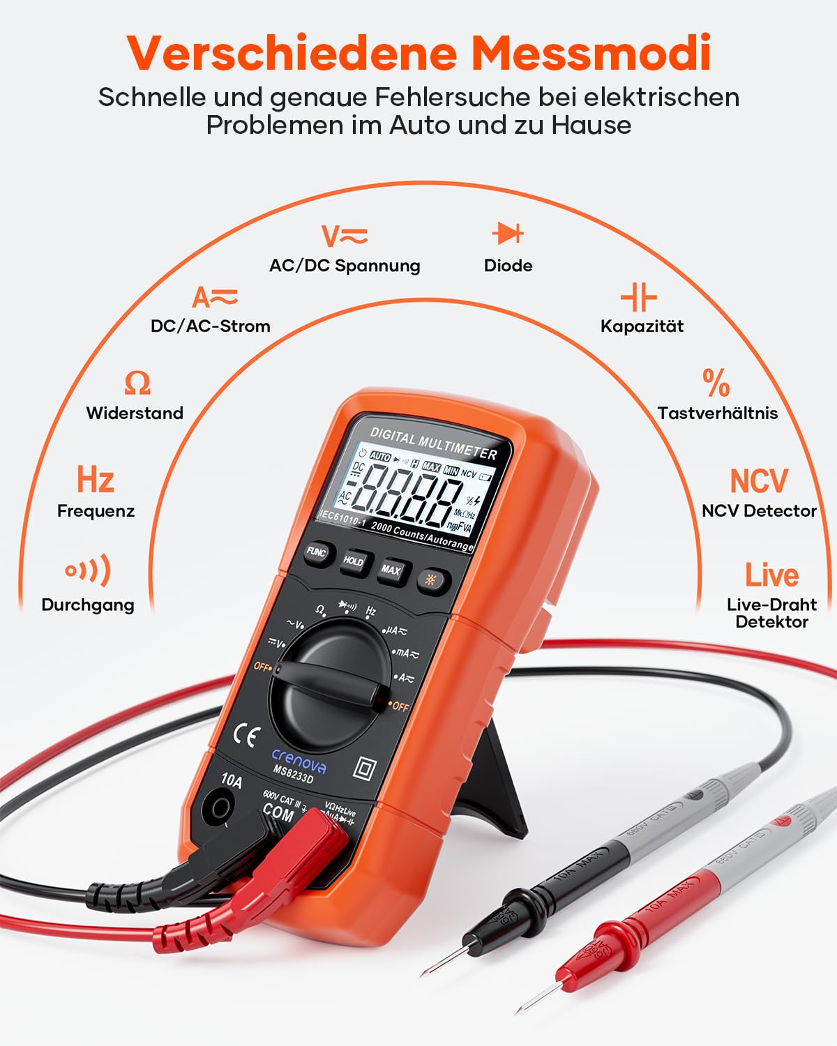 Crenova MS8233D, Multimetro digitale, per il range dell’auto AC, tester di tensione, misurazione della tensione, corrente, resistenza, tester portatile, con retroilluminazione