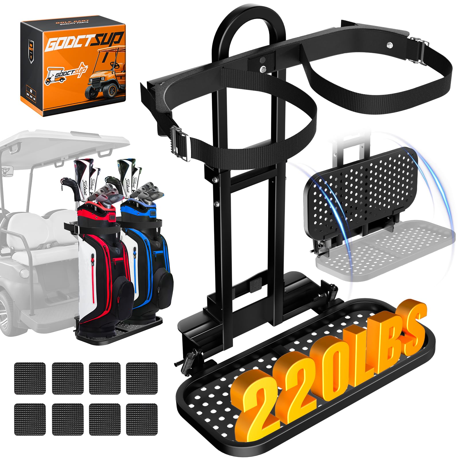 GODCTSUP Foldable Golf Cart Bag Holder for Four Seat Golf Cart, Upgraded Golf Cart Rear Seat Bag Rack with Stainless Steel Buckle for EZGO Club Car